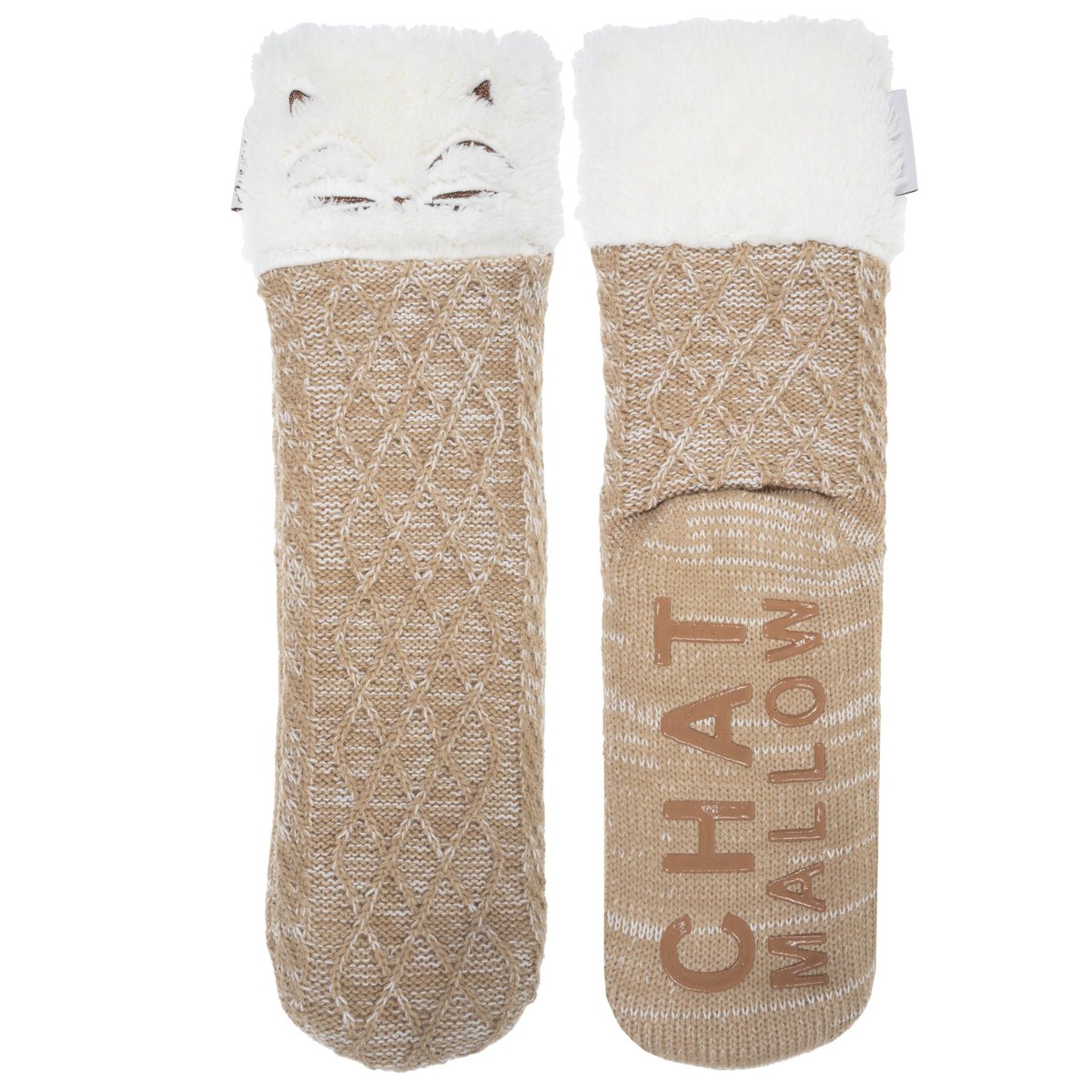 Chaussettes d'intérieur maille torsadée, picots antidérapants beige, ISOTONER