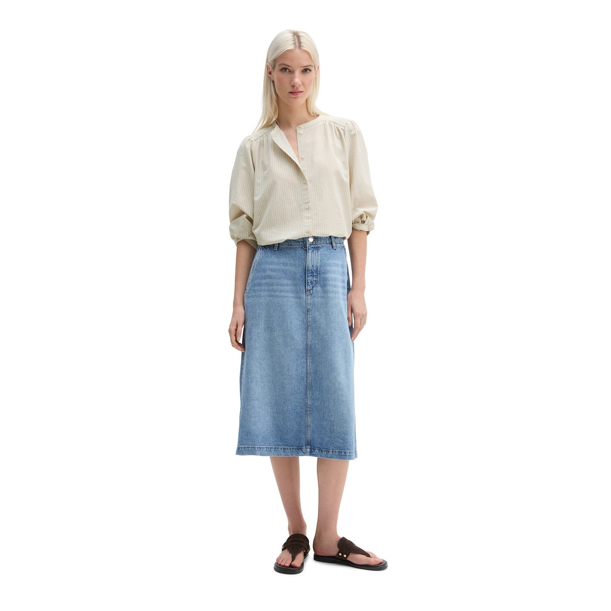 Jupe évasée en jean midi en mélange de lyocell, de lin et de coton nleu clair, MARC O'POLO