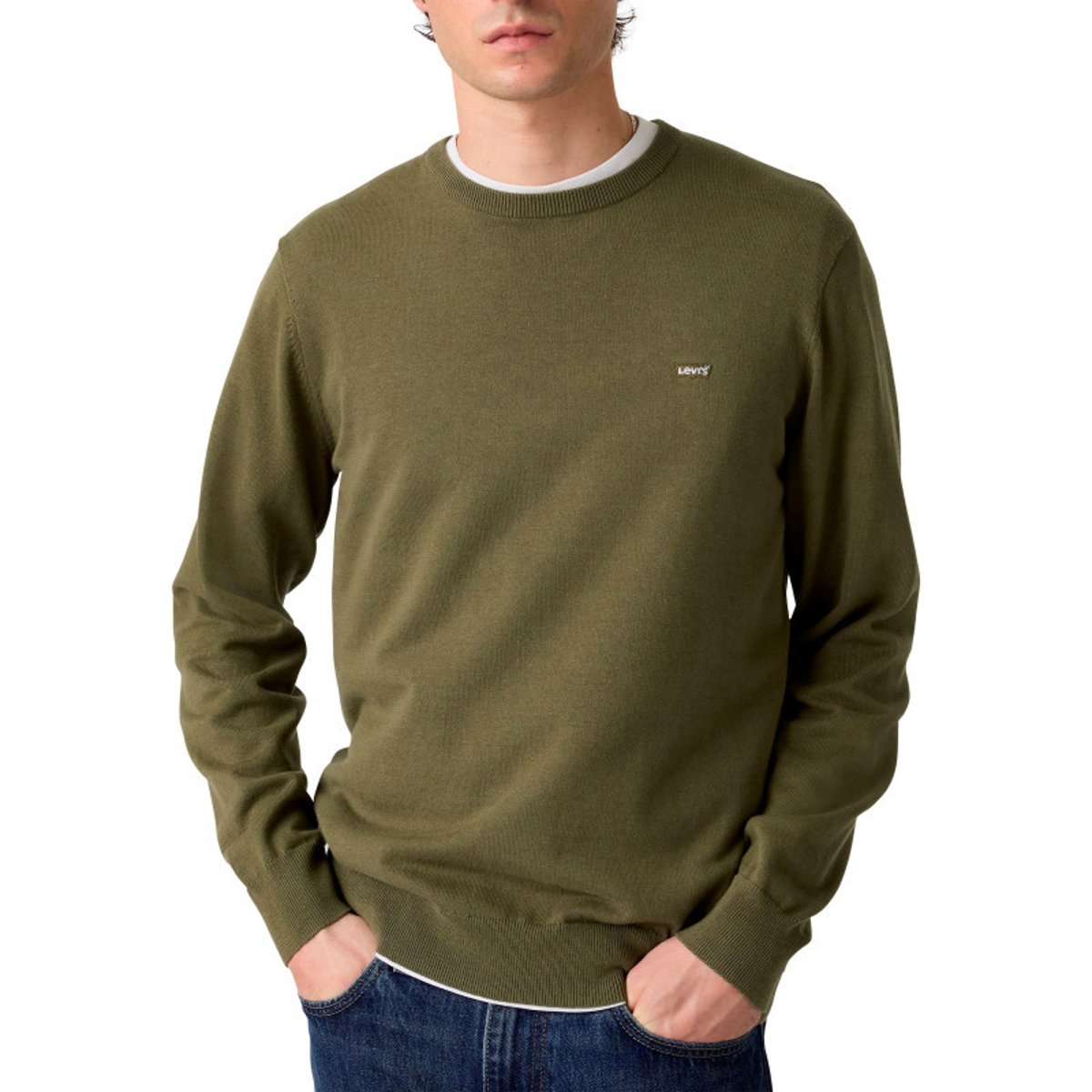 Pull en coton kaki à coupe droite pourvu de manches longues et d'un col rond vert, LEVI'S