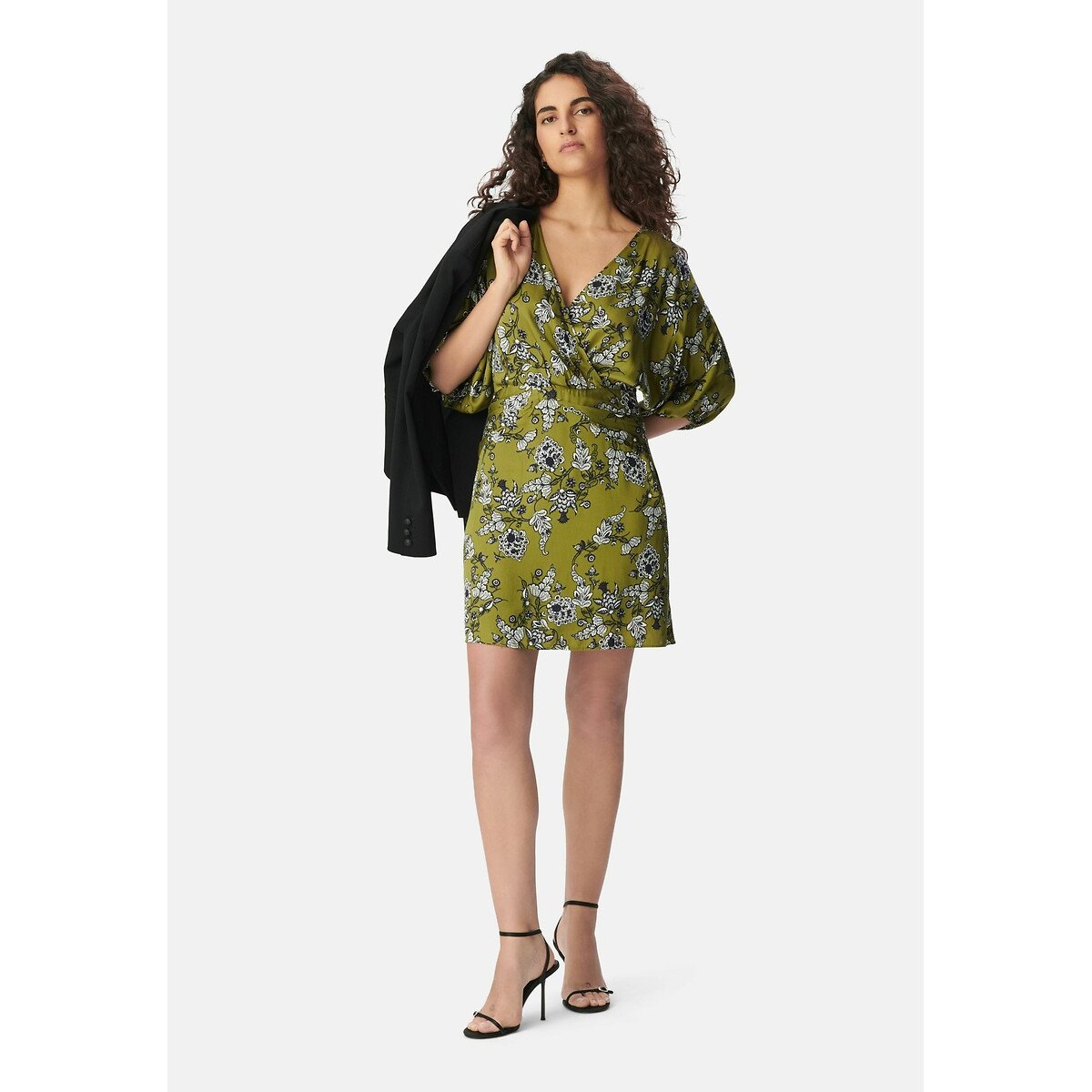 V-Neck Mini Dress with Floral Print and 3/4 Length Sleeves yellow print, IKKS