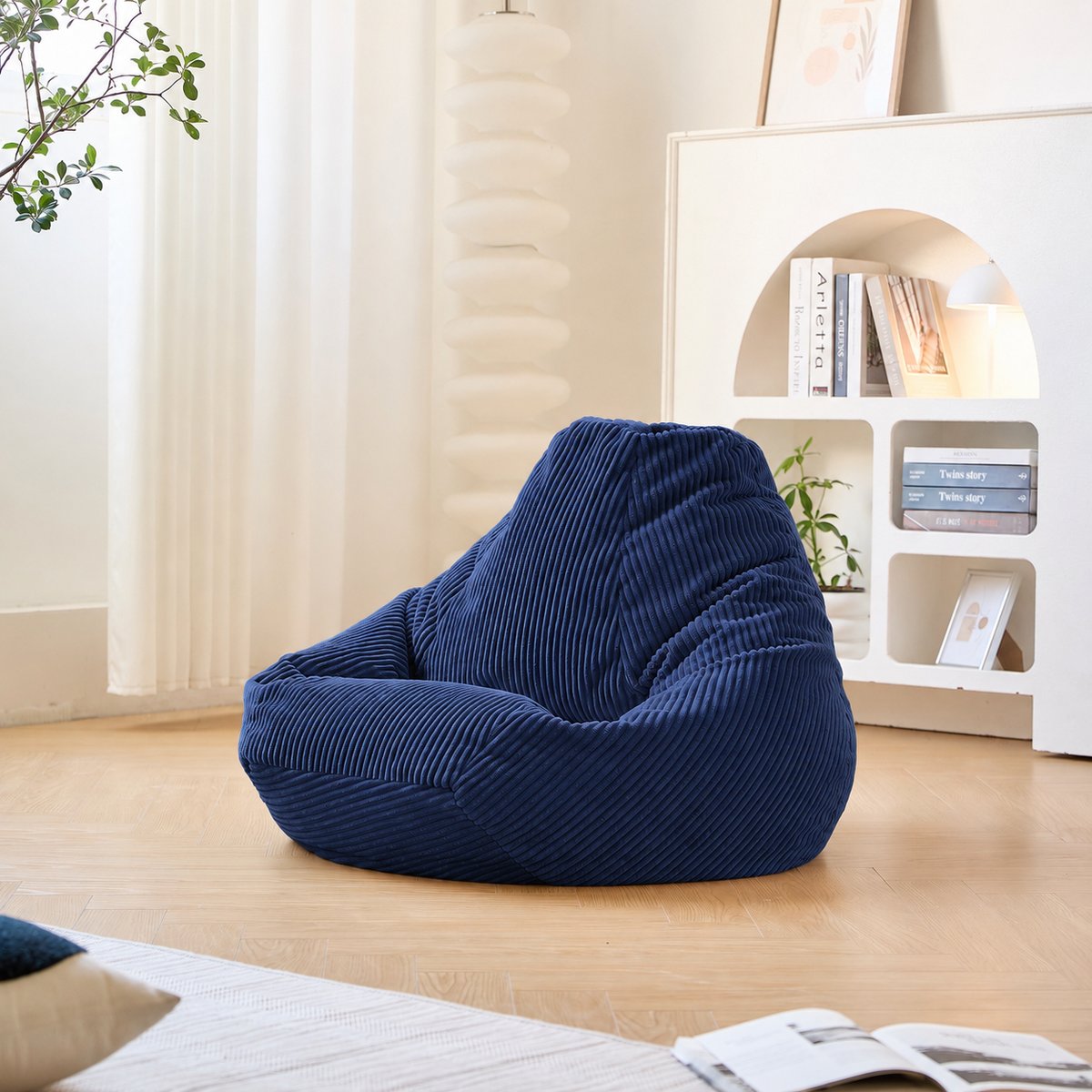 Pouf de salon, velours côtelé, GRANA bleu, NORDLYS
