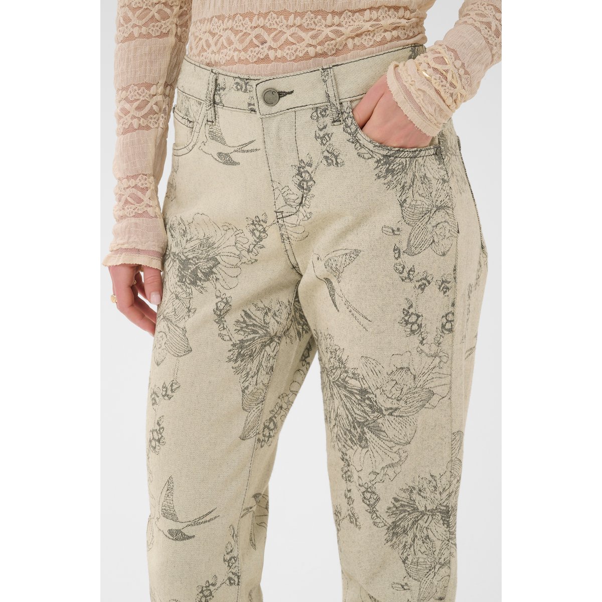 Jeans beige ecru flower jacquard, CREAM