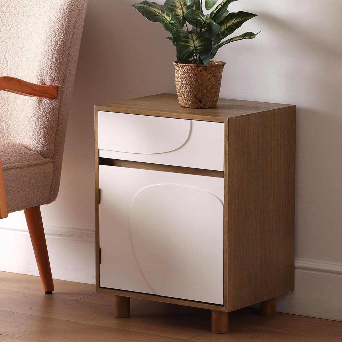 Table de chevet design 1 placard et 1 tiroir bois et blanc 40x30x53cm bois, VERSA