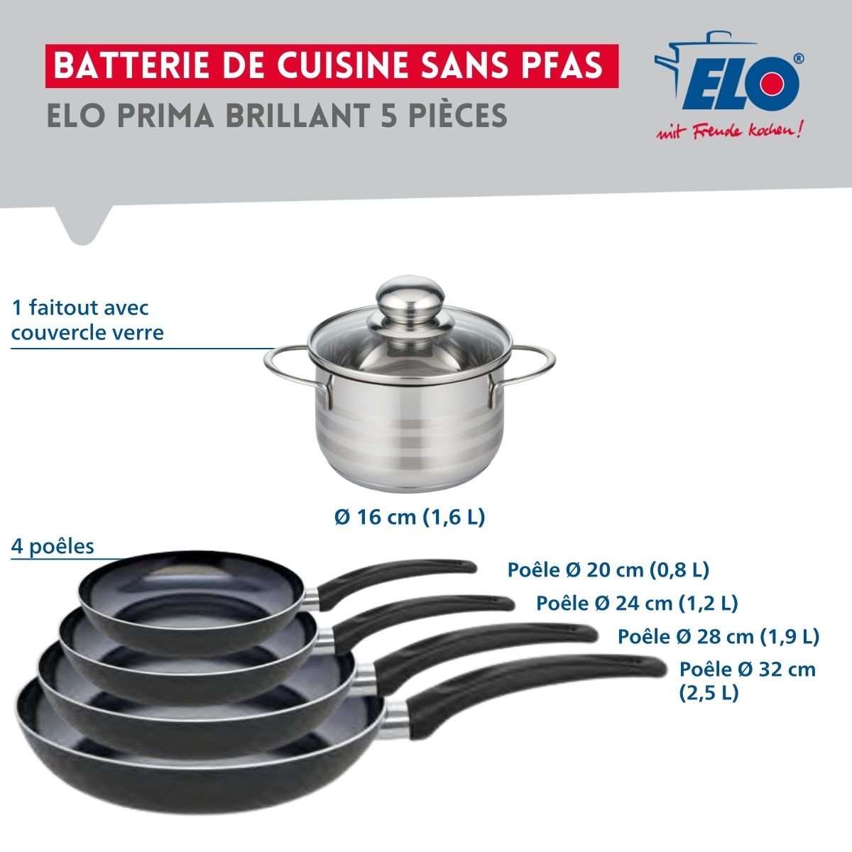 Batterie 4 poêles 20/24/28/32cm + 1 faitout 16cm PRIMA BRILLANT noir, ELO