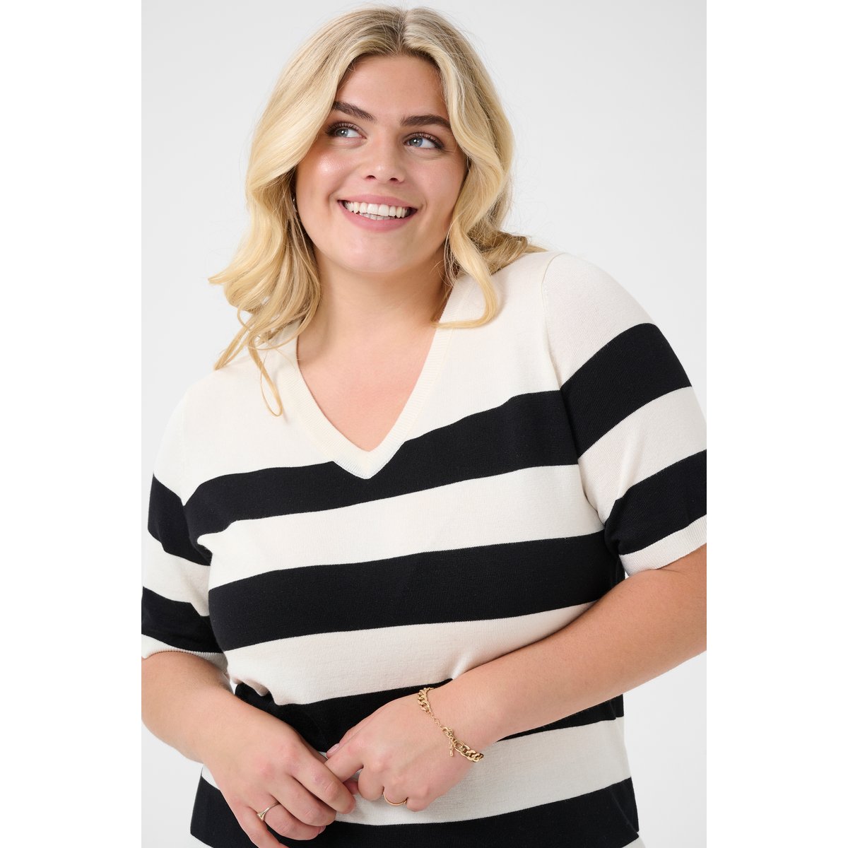 Pullover tricoté blanc noir turtledove/black bold stripe, KAFFE CURVE