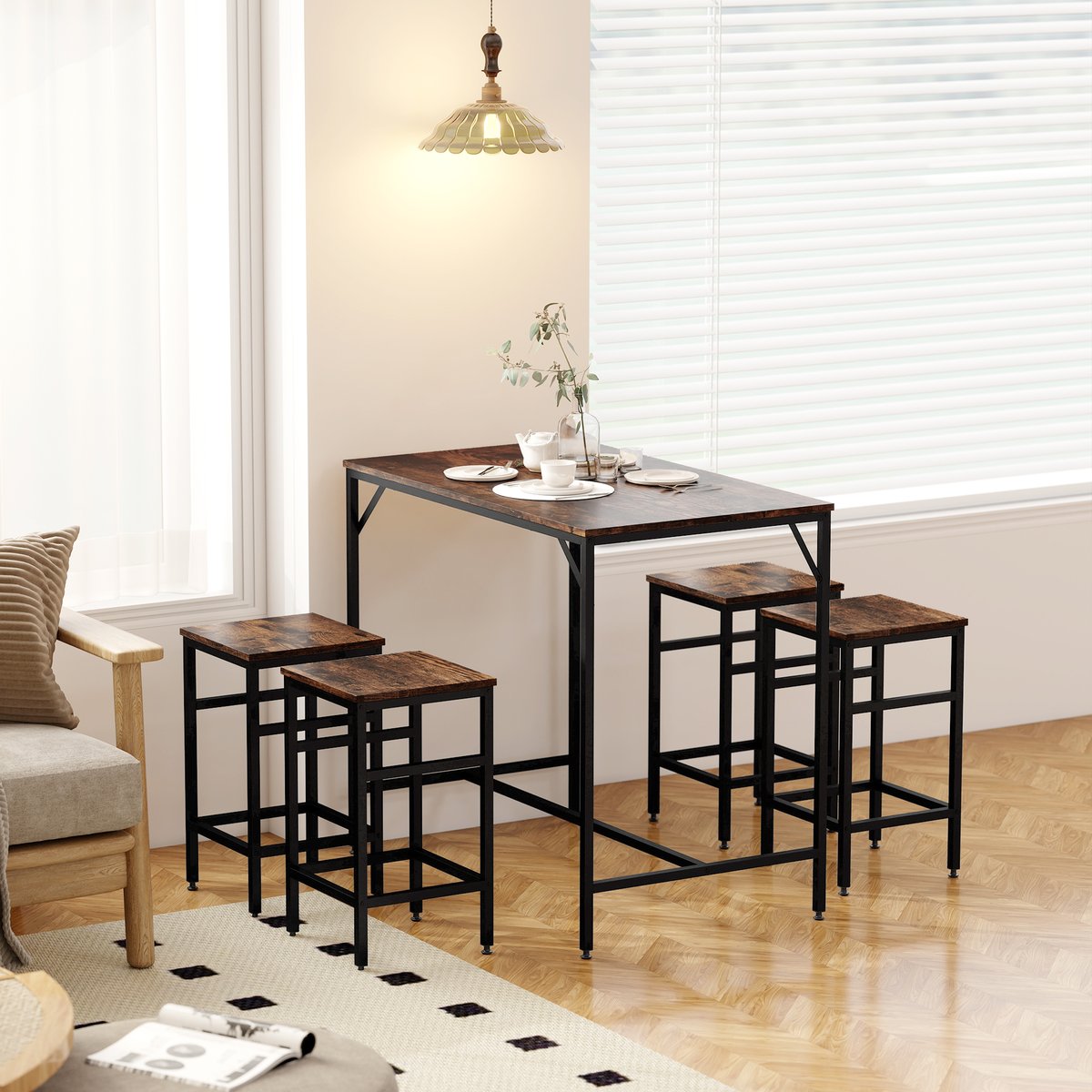 Ensemble de table de bar Métal Noir noir, chêne clair, HOMCOM