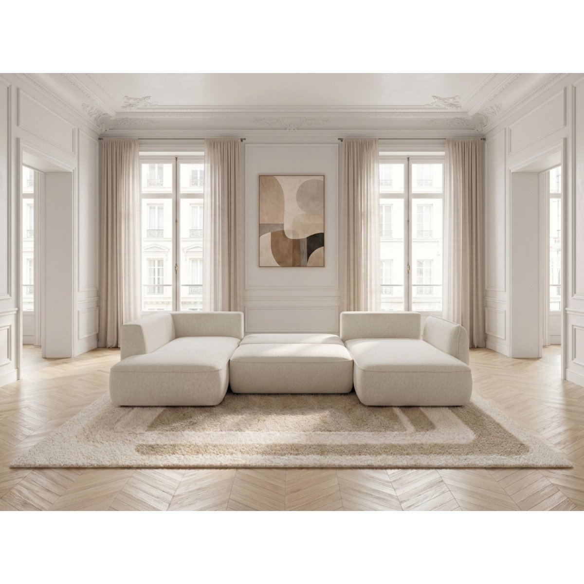 Canapé d'angle convertible 5 places en tissu chenille, ESMEE blanc, BOBOCHIC