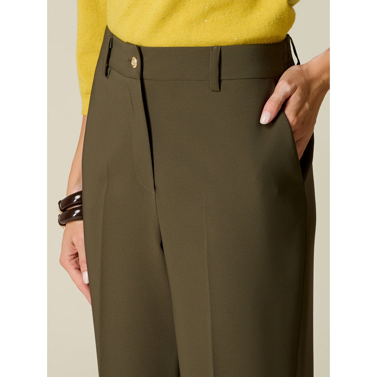 Pantalon palazzo tailleur à pinces verde militare, OLTRE
