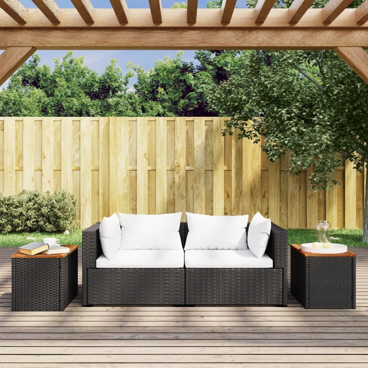 Lot de 2 tables d’appoint de jardin en résine tressée et bois noir, HOME MAISON