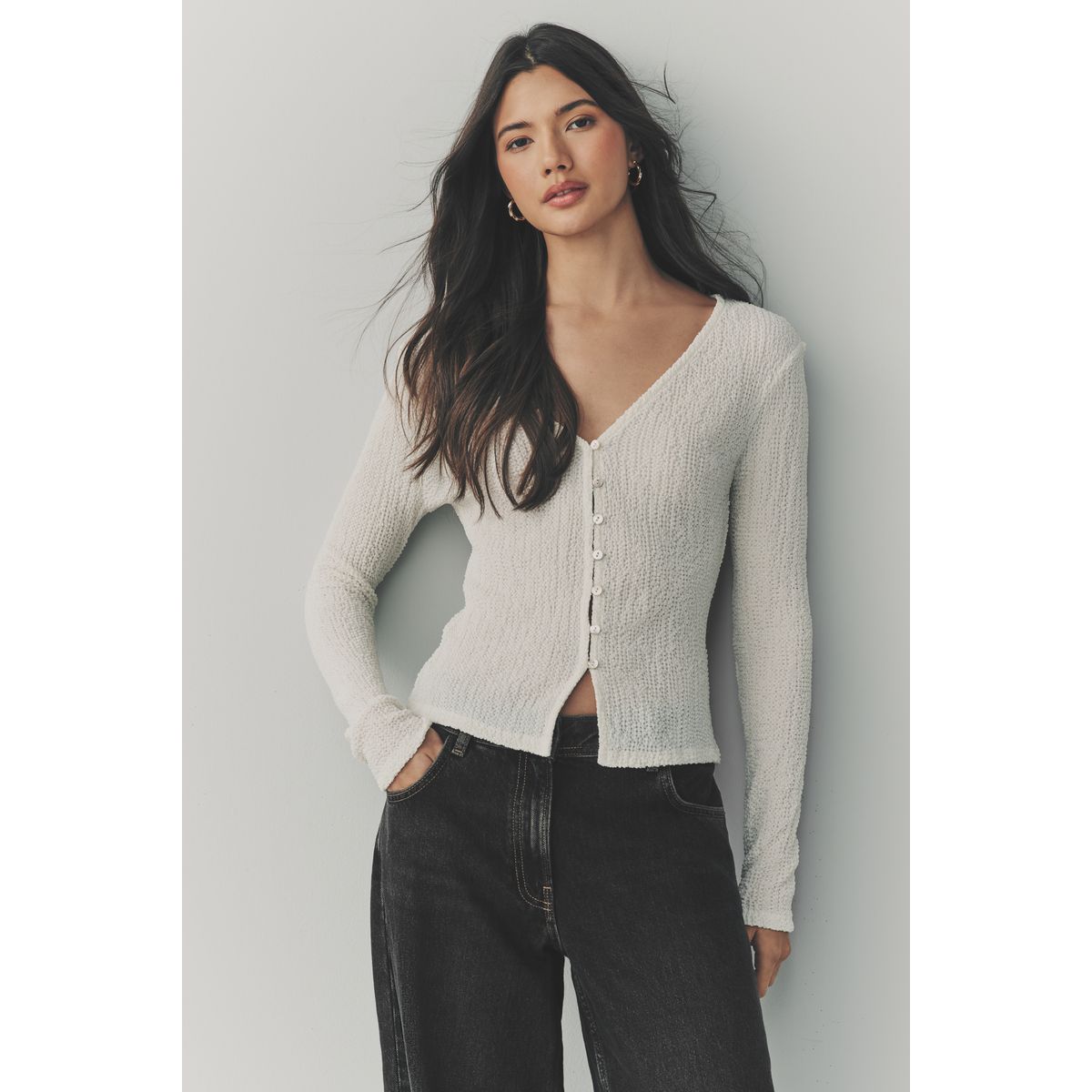 Cardigan boutonné texturé à manches longues écru, NEXT