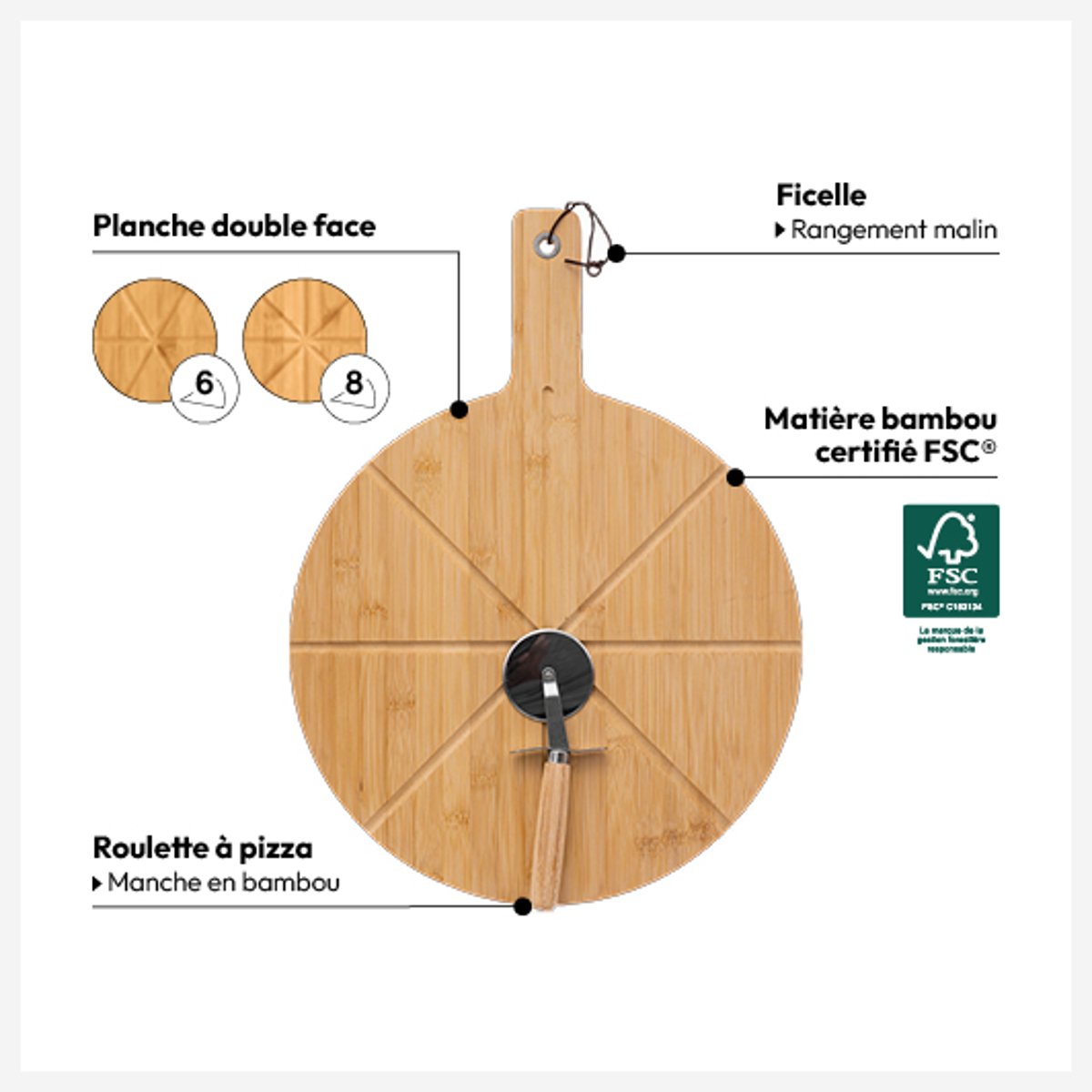 Planche à découper pizza avec roulette en bambou beige, 5FIVE SIMPLY SMART
