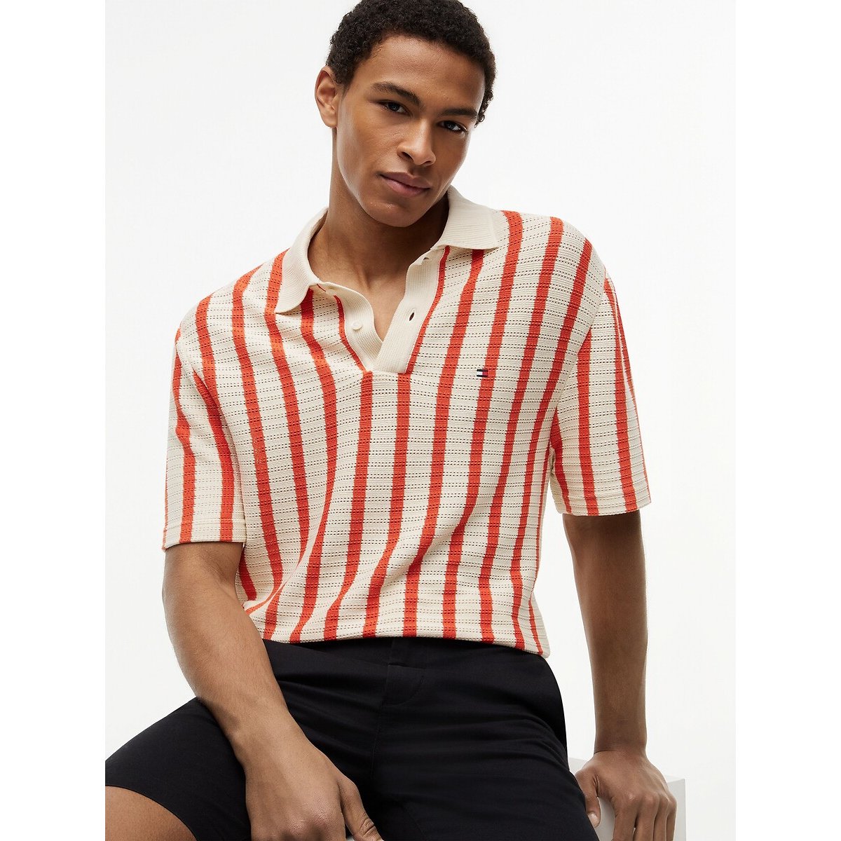 Gestreepte polo van reliëftricot gestreept oranje, TOMMY HILFIGER