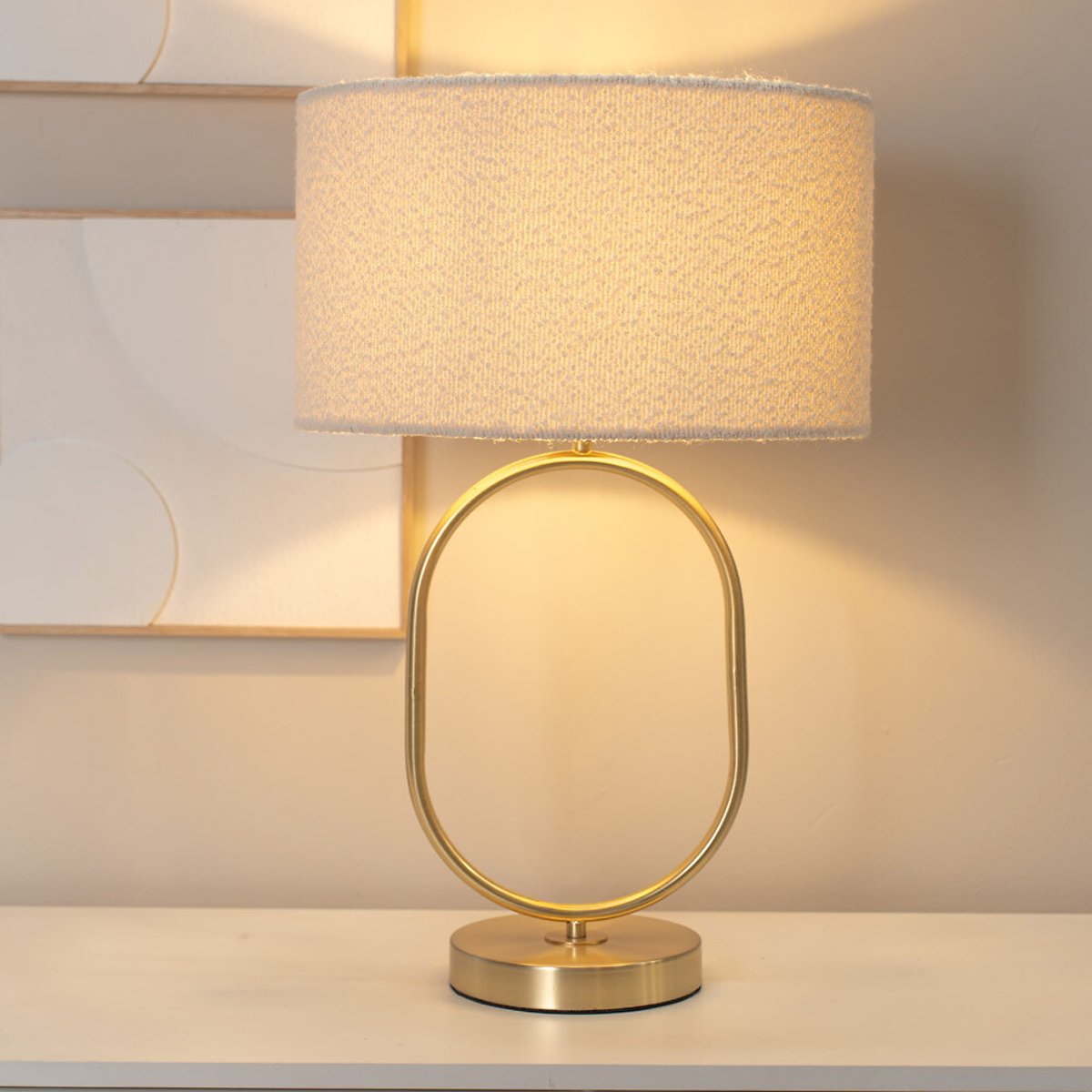 Aubrey Brushed Gold Oval Table Lamp with Boucle Drum Shade gold-coloured, SO'HOME