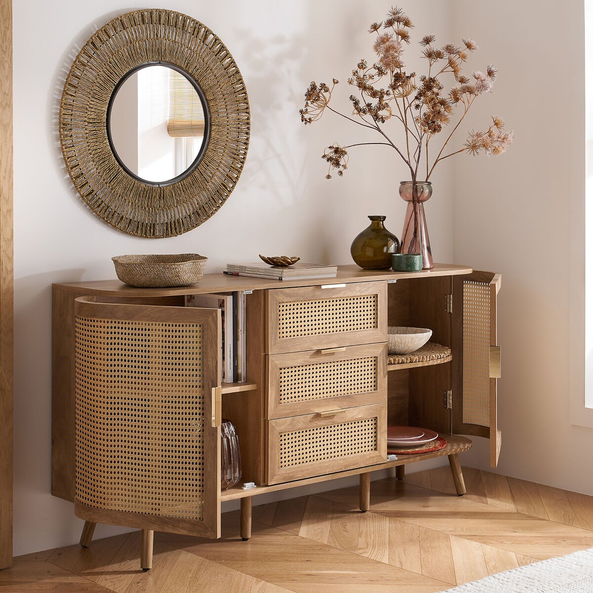 Naya Rattan 2 Door 3 Drawer Sideboard natural oak, SO'HOME