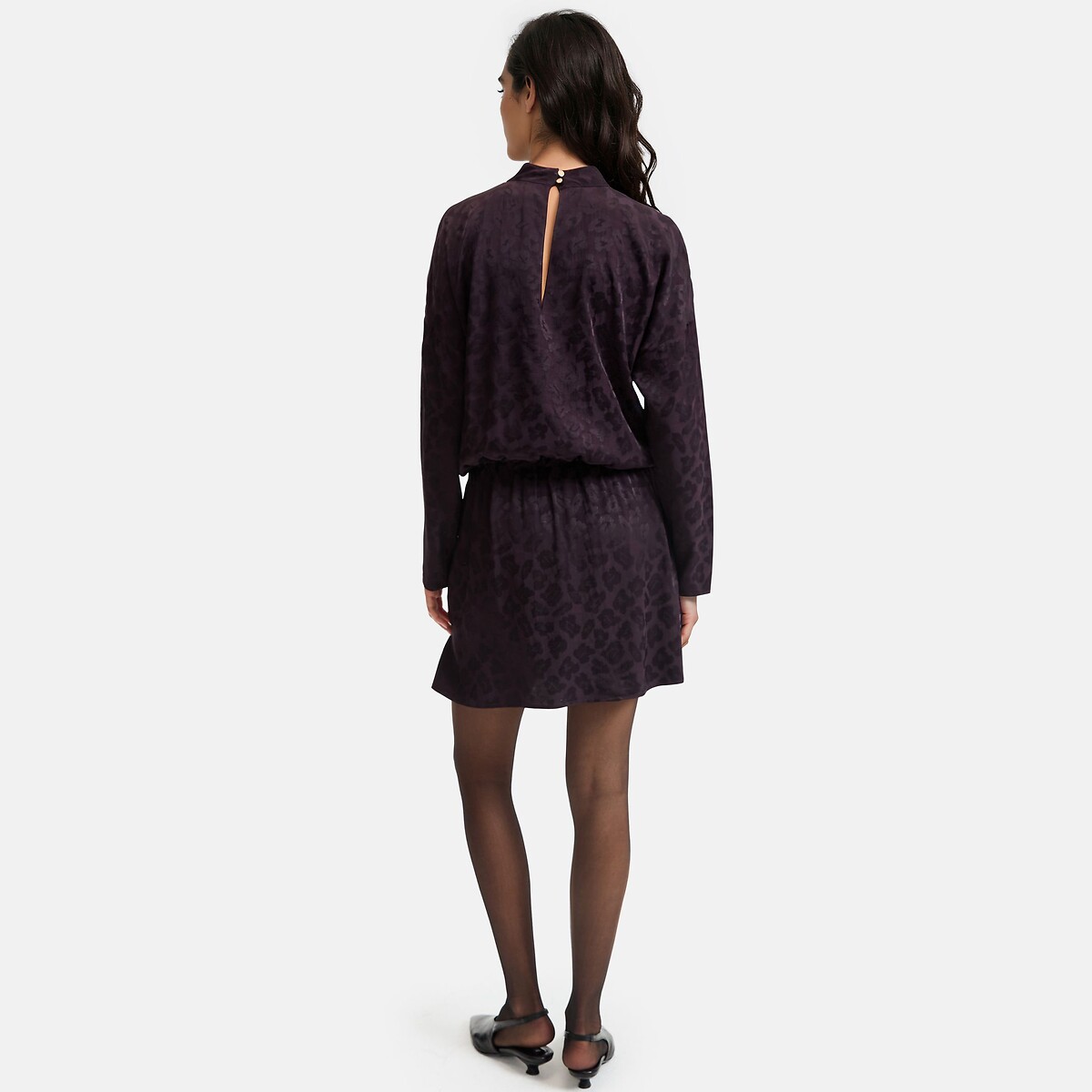 Robe courte, manches longues, en satin jacquard motif léopard violet aubergine, LA REDOUTE COLLECTIONS