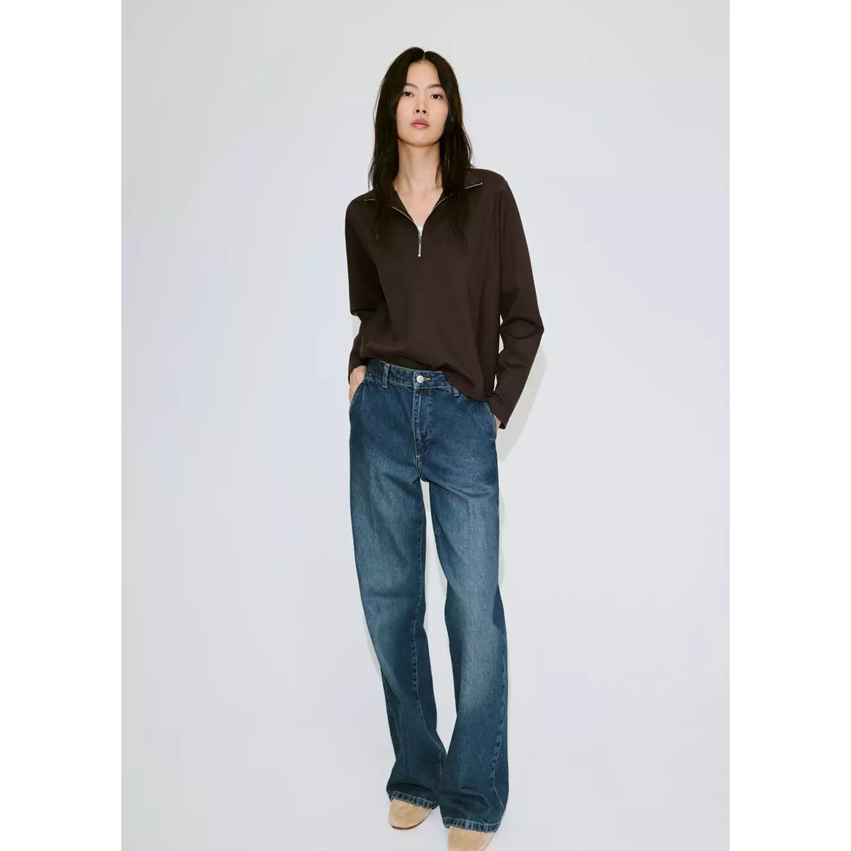 Sweat-shirt col montant zippé marron, MANGO