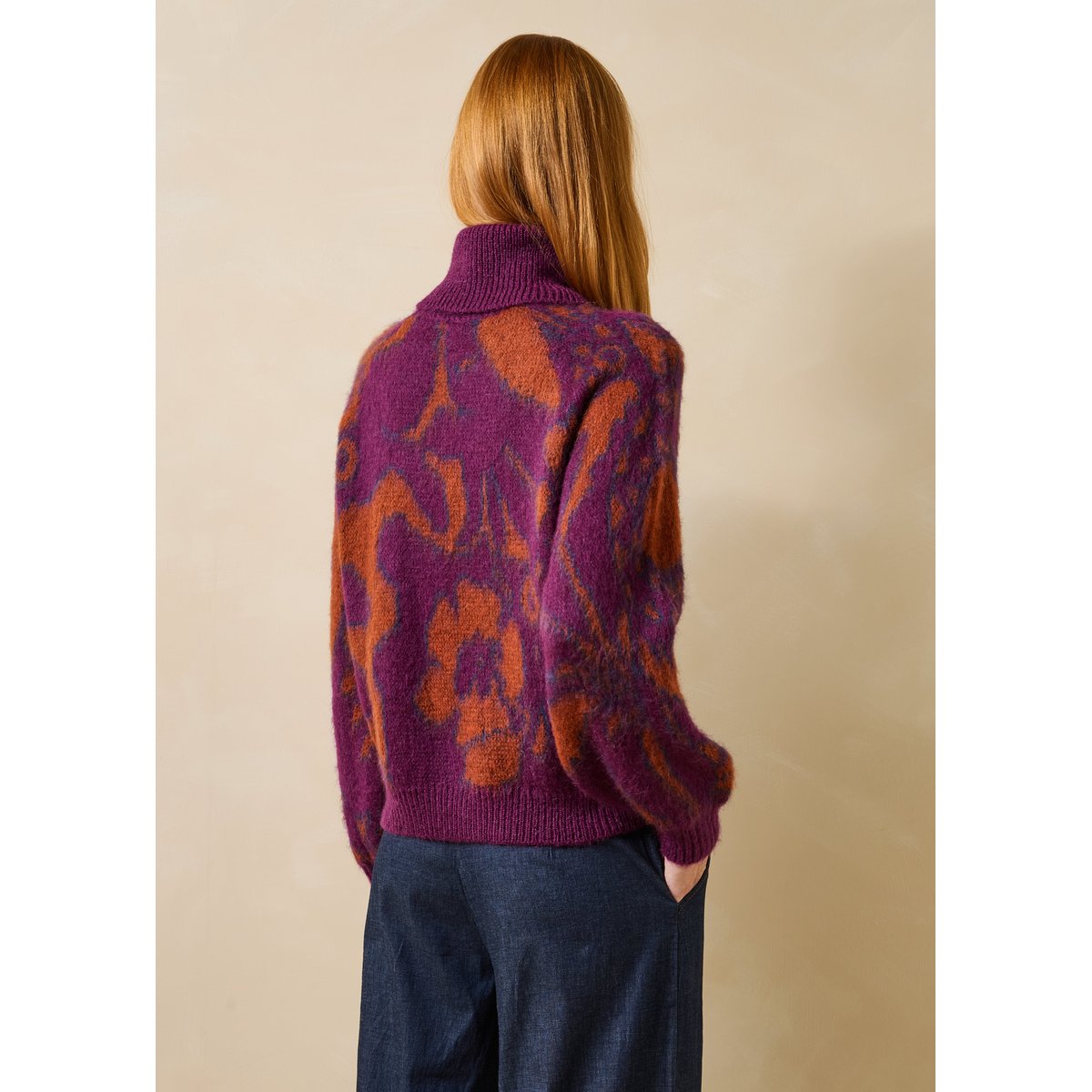 Pull col roulé manches longues en jacquard viola/tandoori, LA FEE MARABOUTEE