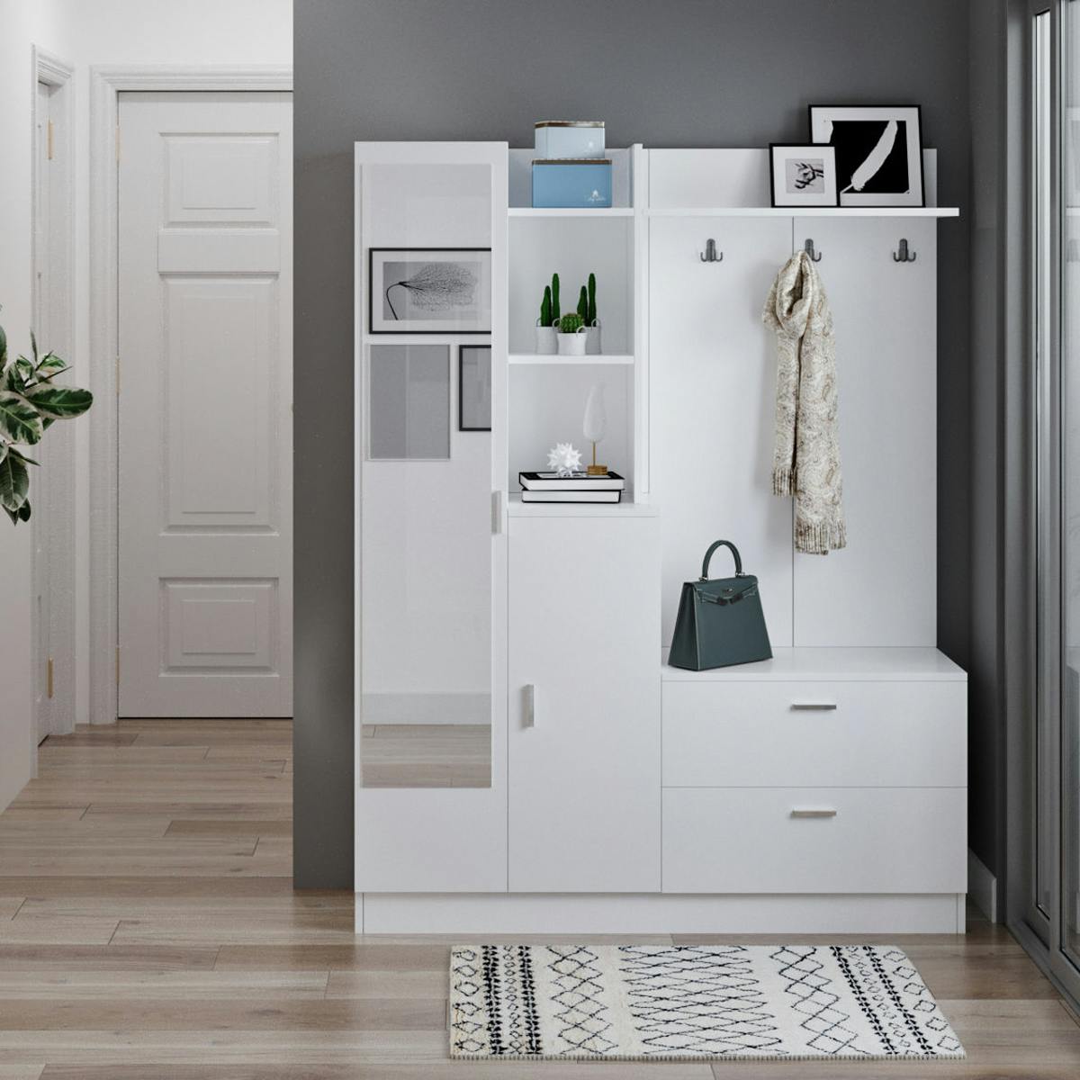 Vestiaire d'entrée 4 portes avec miroir JENA blanc, PIER IMPORT