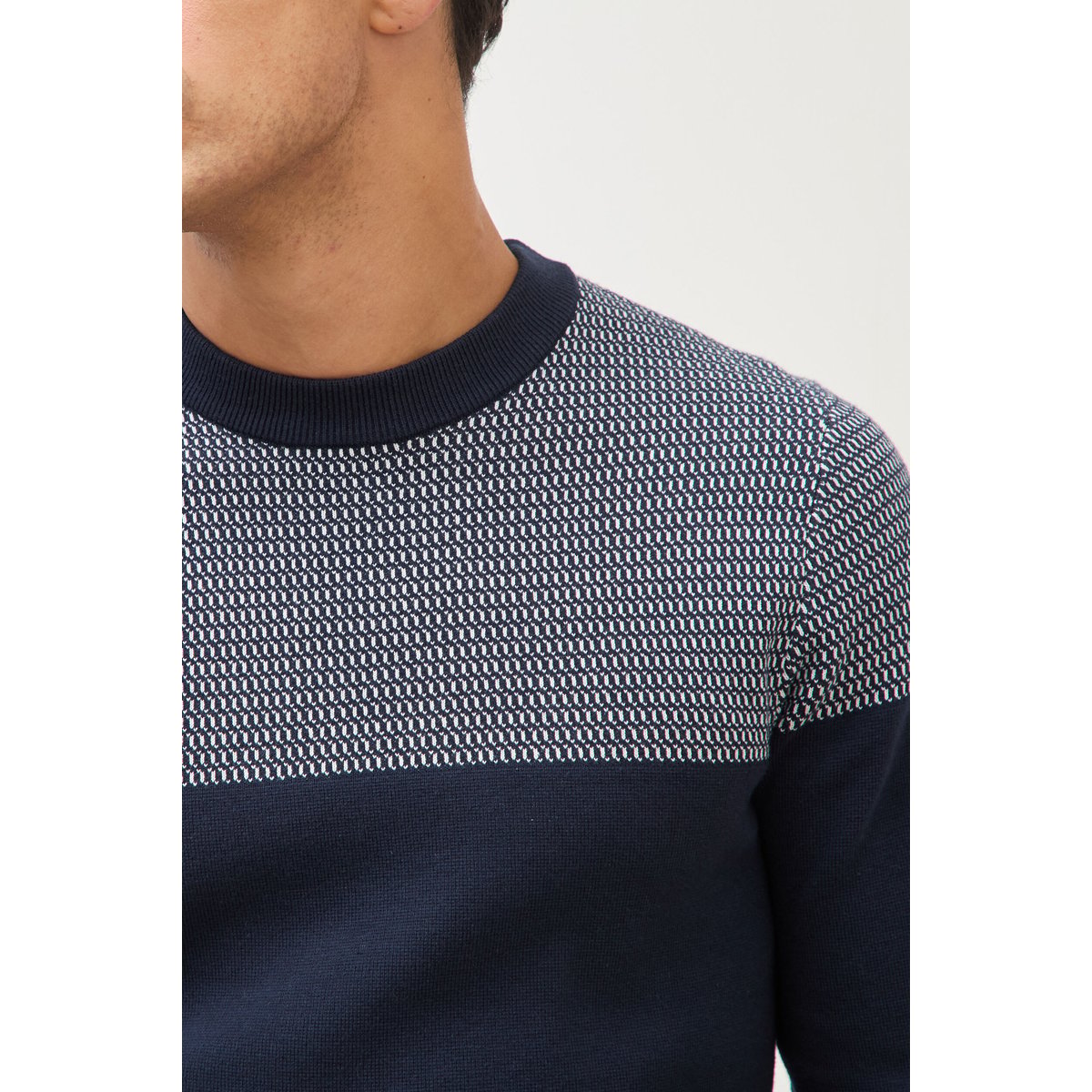 Pull droit fin col rond manches longues bleu marine, BONOBO