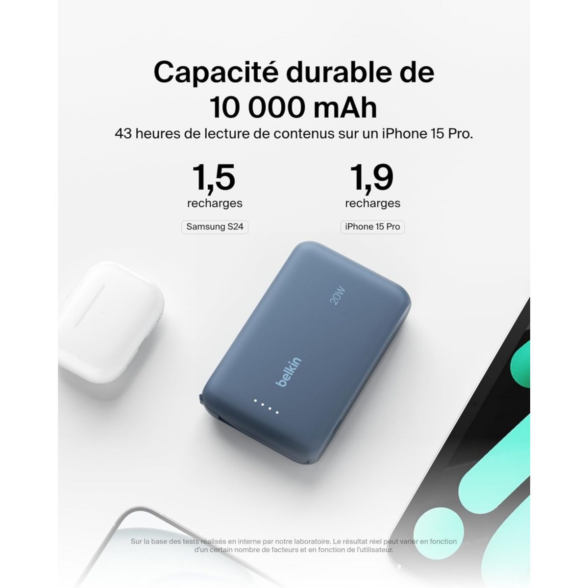 Batterie externe 10000 mAh avec cable USB-C intégre bleu couleur unique, BELKIN