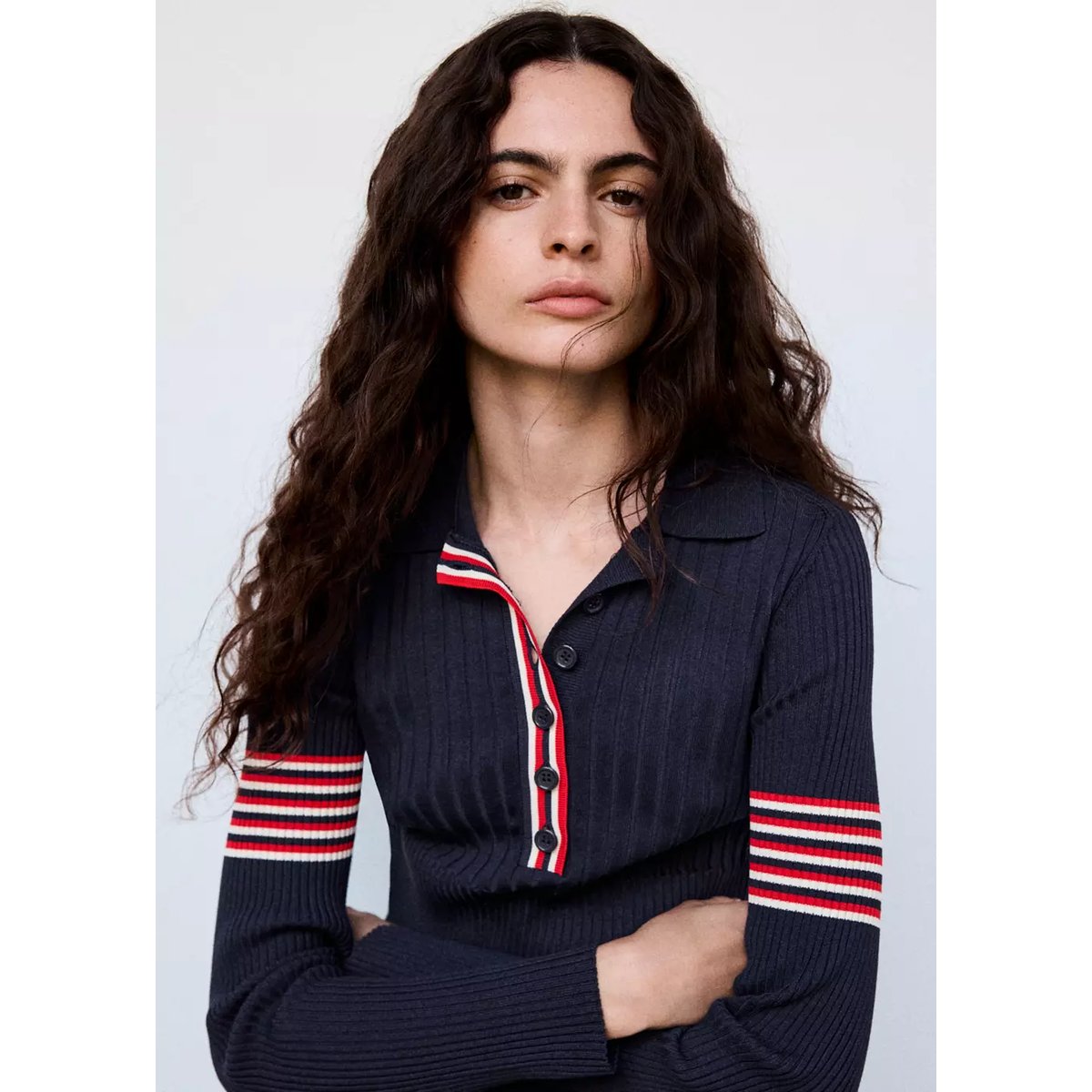 Pull col polo à détail rayures bleu marine, MANGO