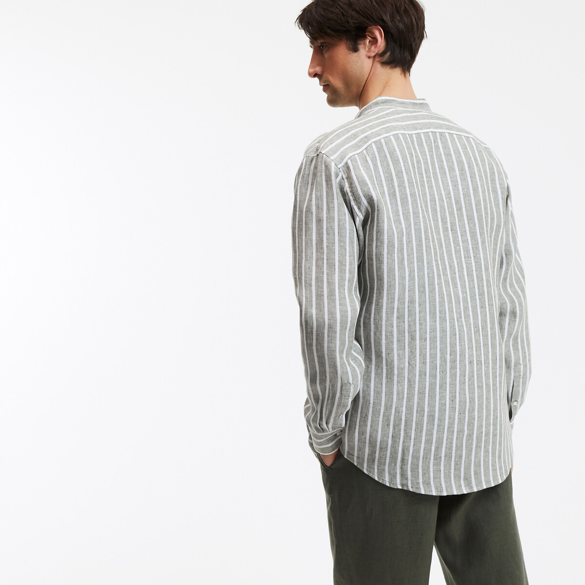 Straight Striped Linen Shirt with Mandarin Collar green/white stripes, LA REDOUTE COLLECTIONS