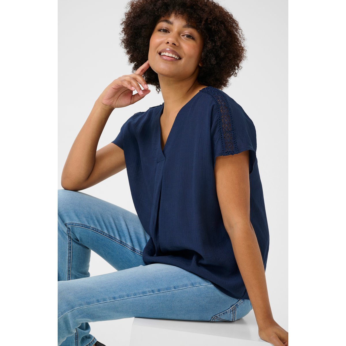 Blouse with short sleeve bleu navy blazer, CREAM