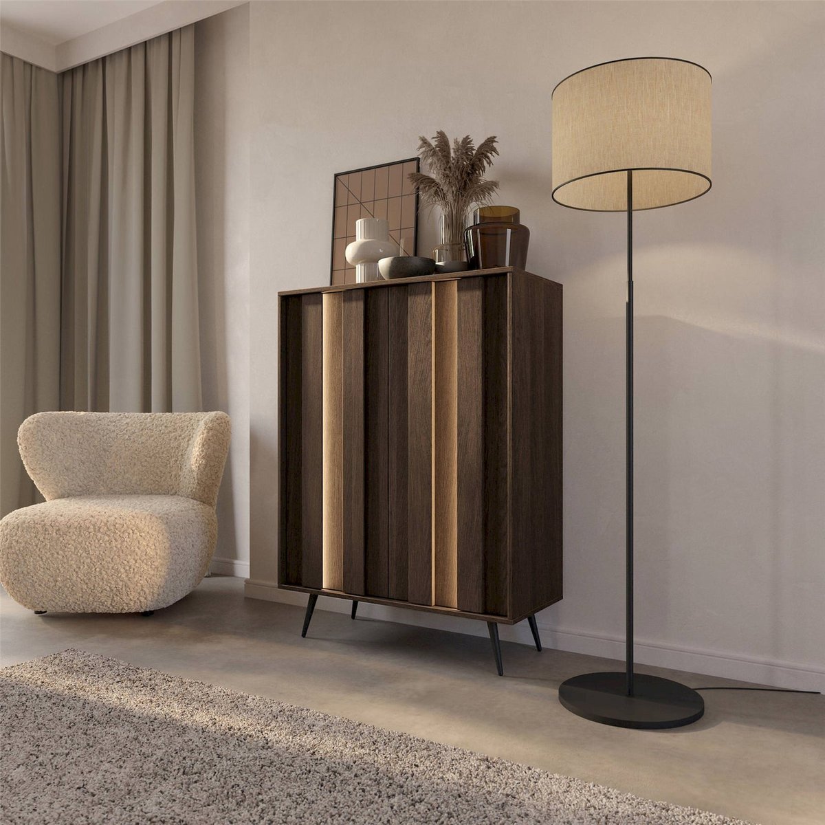 Commode 2 portes avec éclairage LED collection AMA chêne dunin et noir, RECOLLECTION