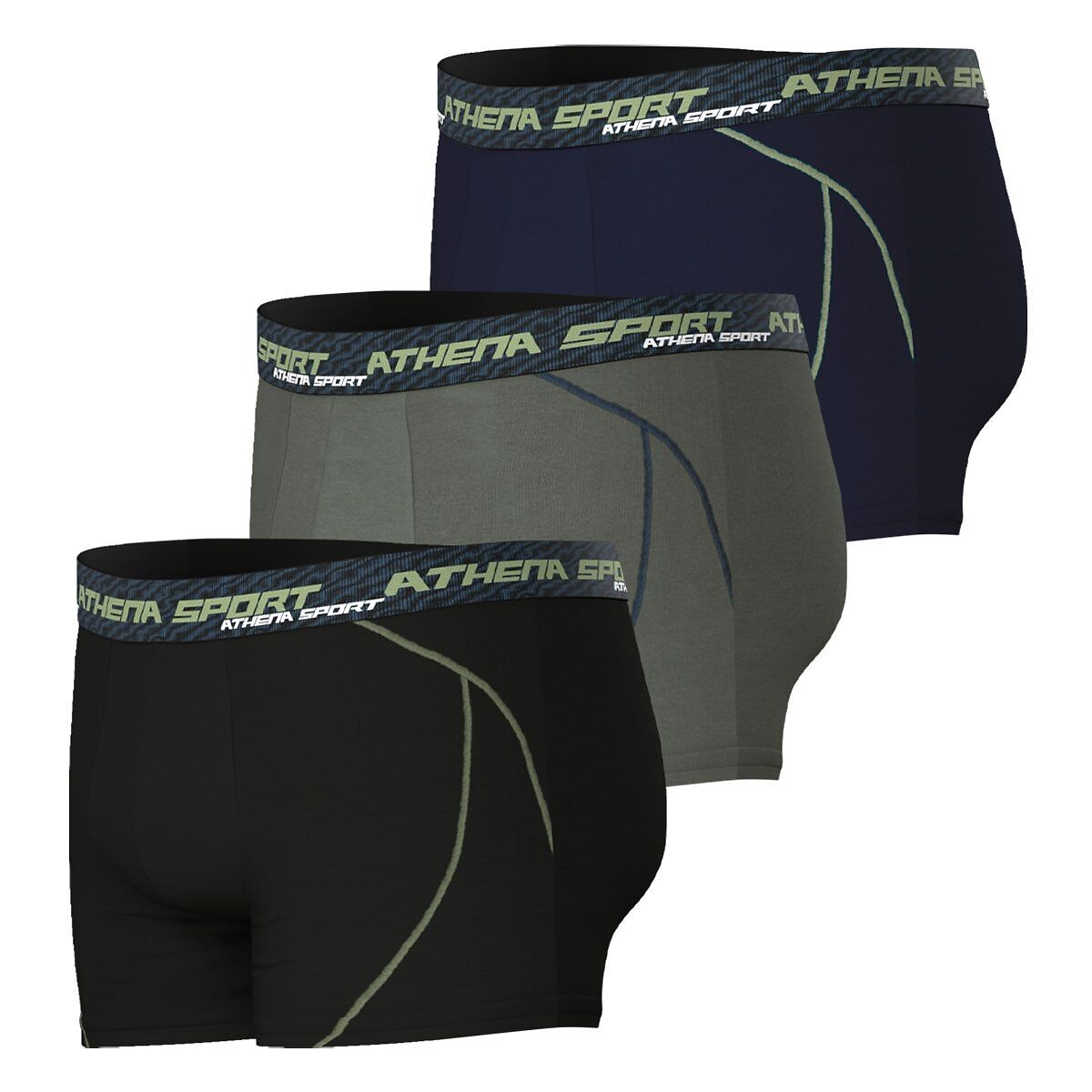 Lot de 3 boxers, Training dry noir + kaki + bleu, ATHENA