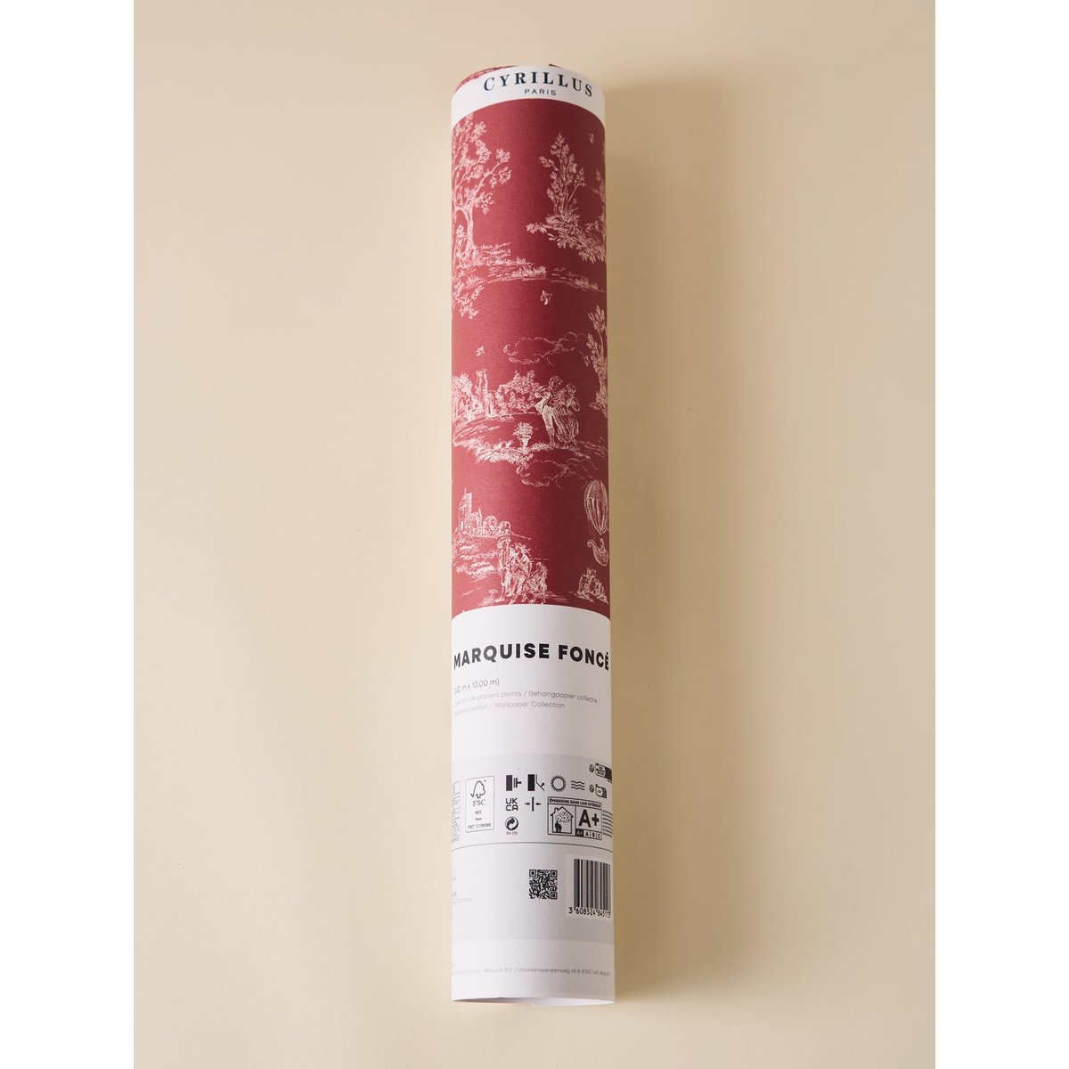 Papier peint bordeaux esprit toile de Jouy jouy bordeaux, CYRILLUS