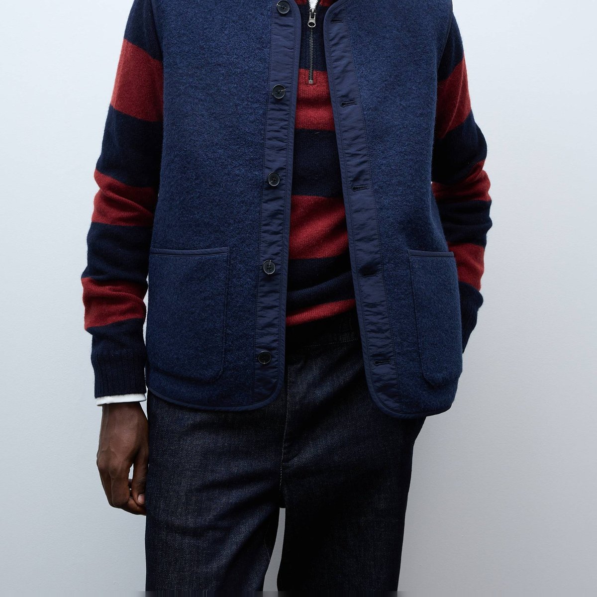 Veste sans manches boutonnée en mélange laine marine, MONOPRIX