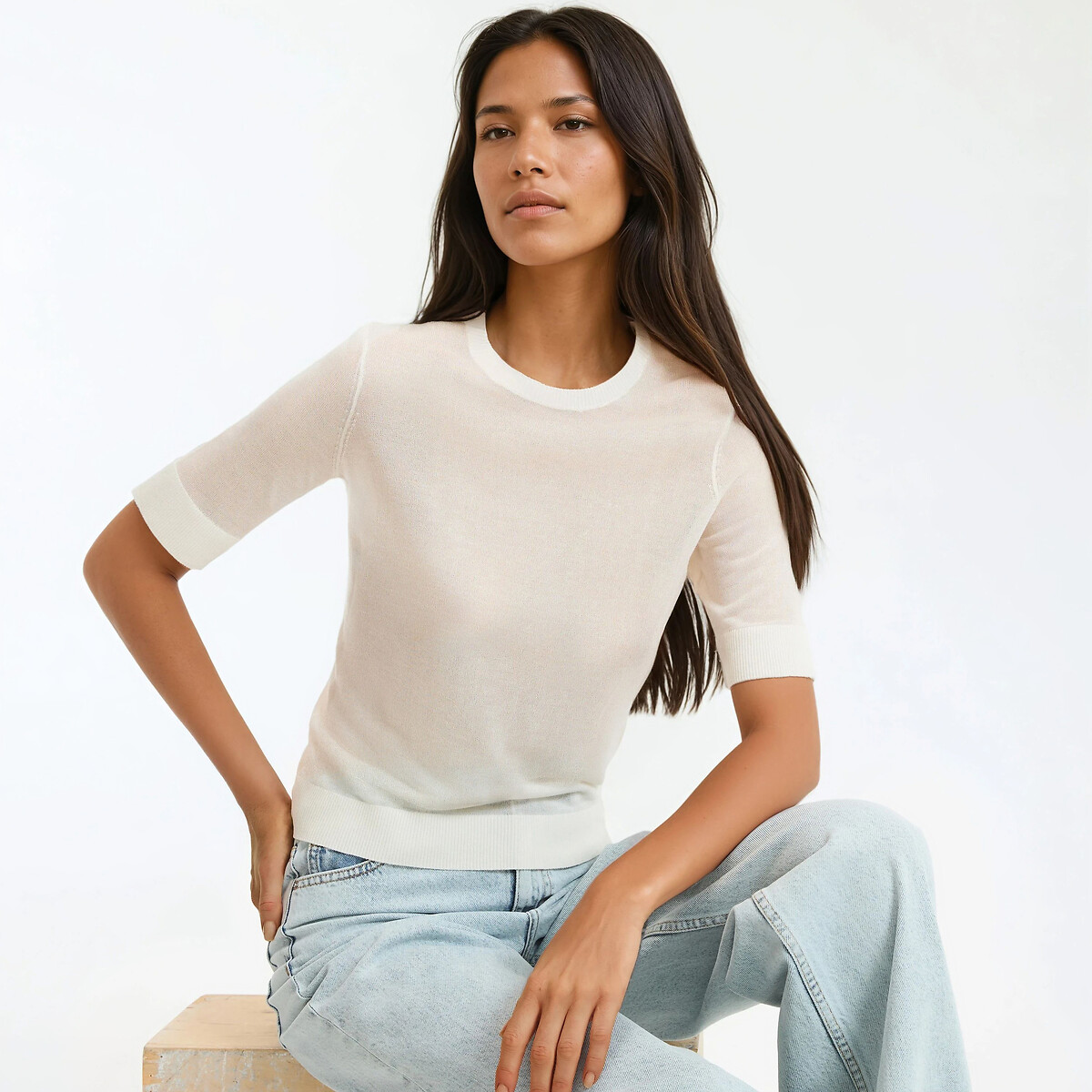 Pull col rond, en fine maille ivoire, LA REDOUTE COLLECTIONS