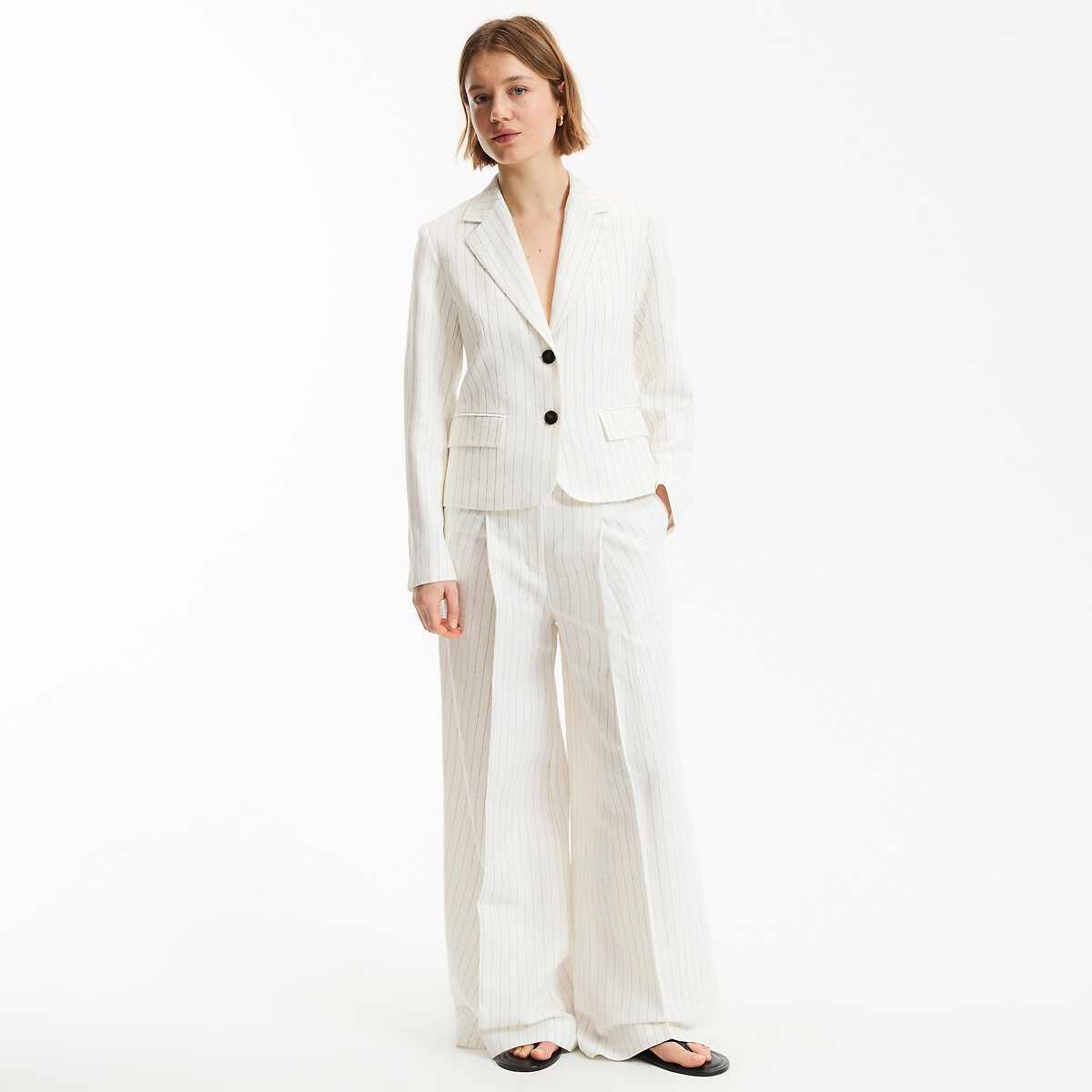 Pantalon large à pinces à rayures en lin et coton rayé ivoire/marine, LA REDOUTE COLLECTIONS