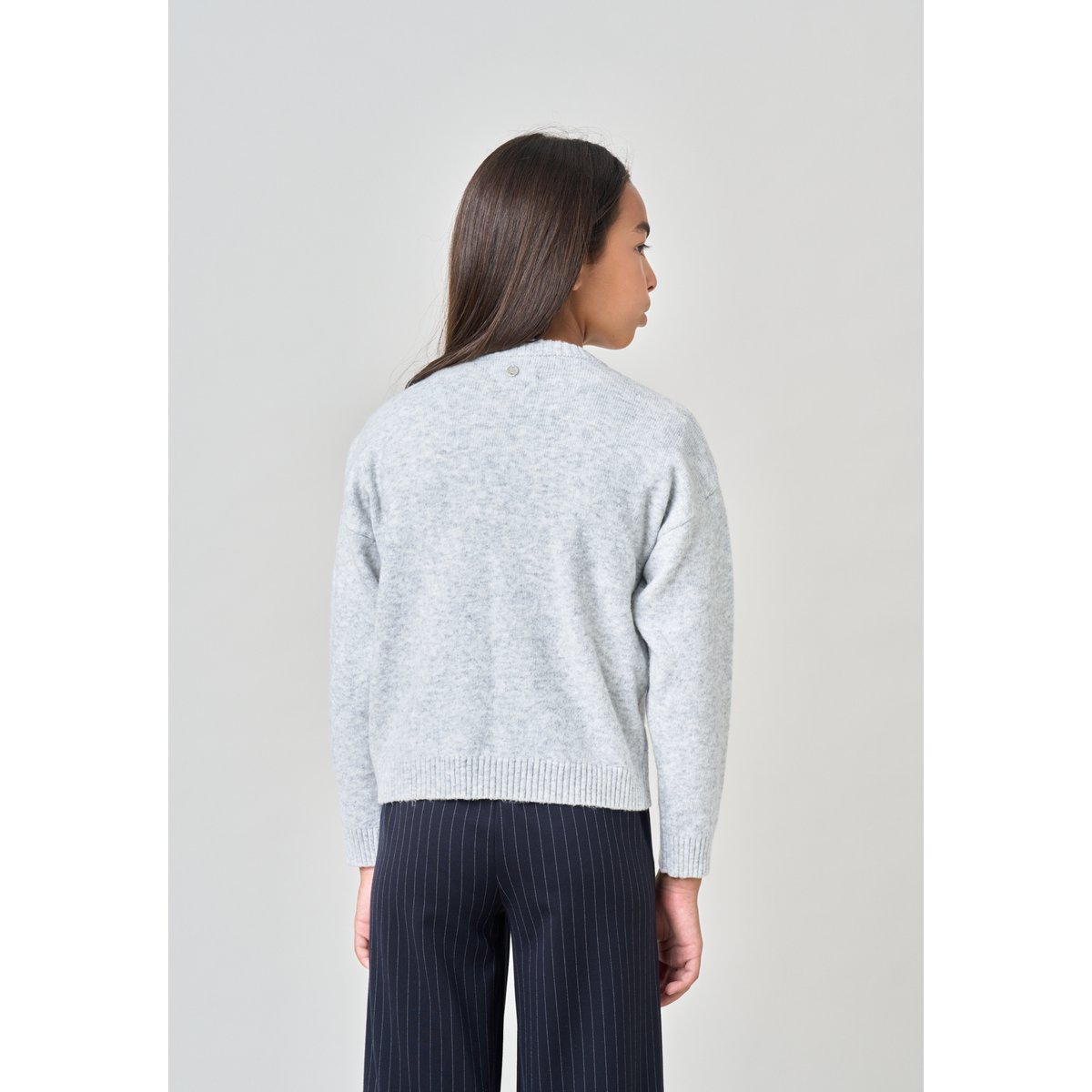 Pull fille maille douce motif ourson SWEATBEAR gris clair chiné, DEELUXE