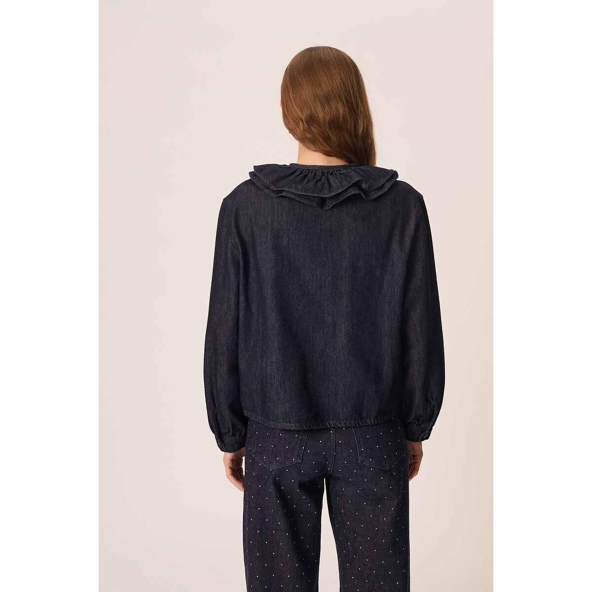 Jeansbluse mit Rüschenkragen, LOUIZIANNE denim, DES PETITS HAUTS