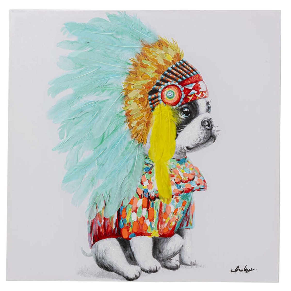 Tableau bouledogue coiffe indienne 80x80cm multicolore, KARE DESIGN