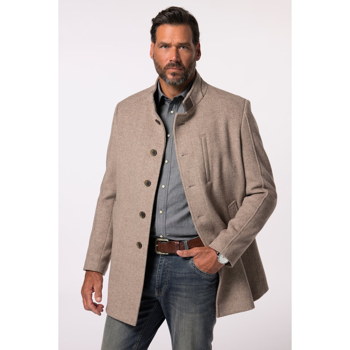 Manteau, laine mélangée et col montant beige mélangé, JP1880