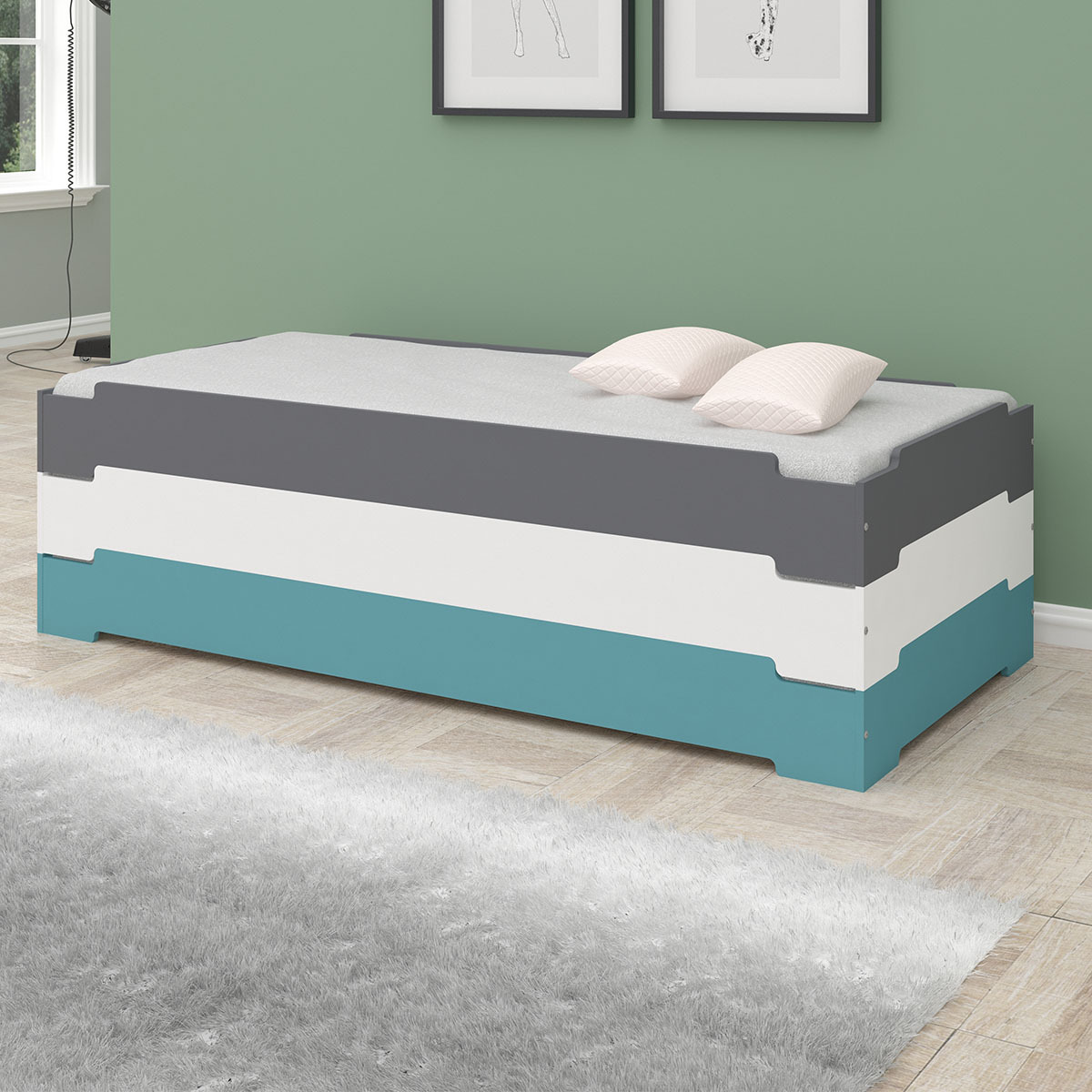 Pack lit empilable avec matelas Bois massif STACK gris, AKITEN RETAIL