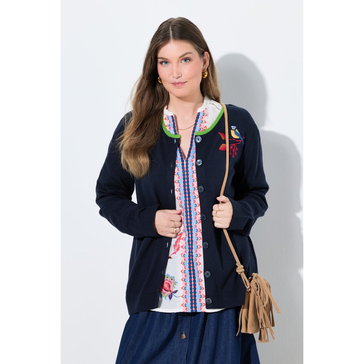 Cardigan avec oiseau brodé marine, ULLA POPKEN
