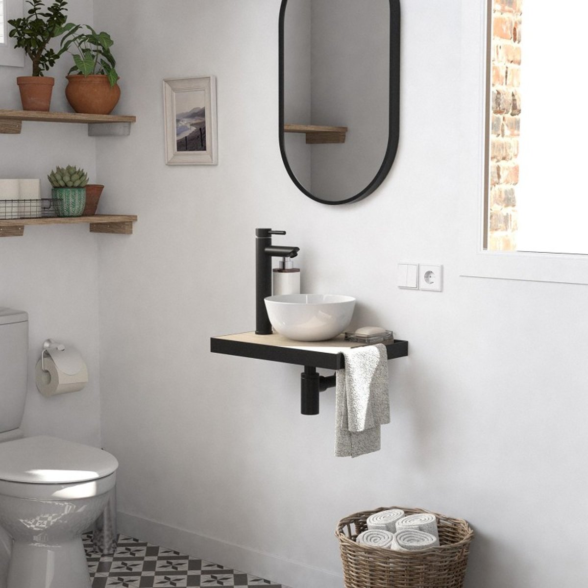 Lave-mains plan fin + vasque + robinet SOHO décor chêne, MOB IN