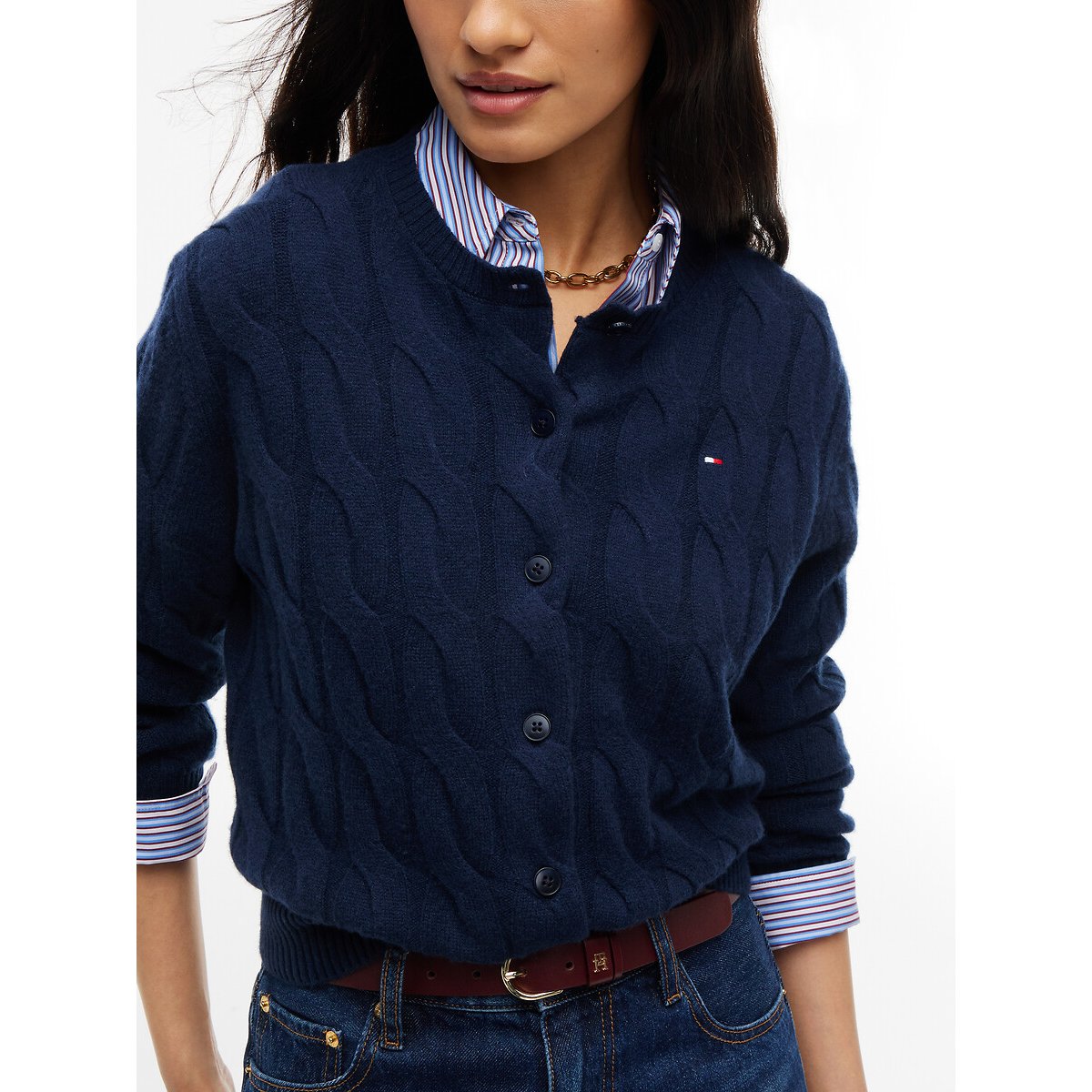 Cardigan col rond torsadé en laine marine, TOMMY HILFIGER
