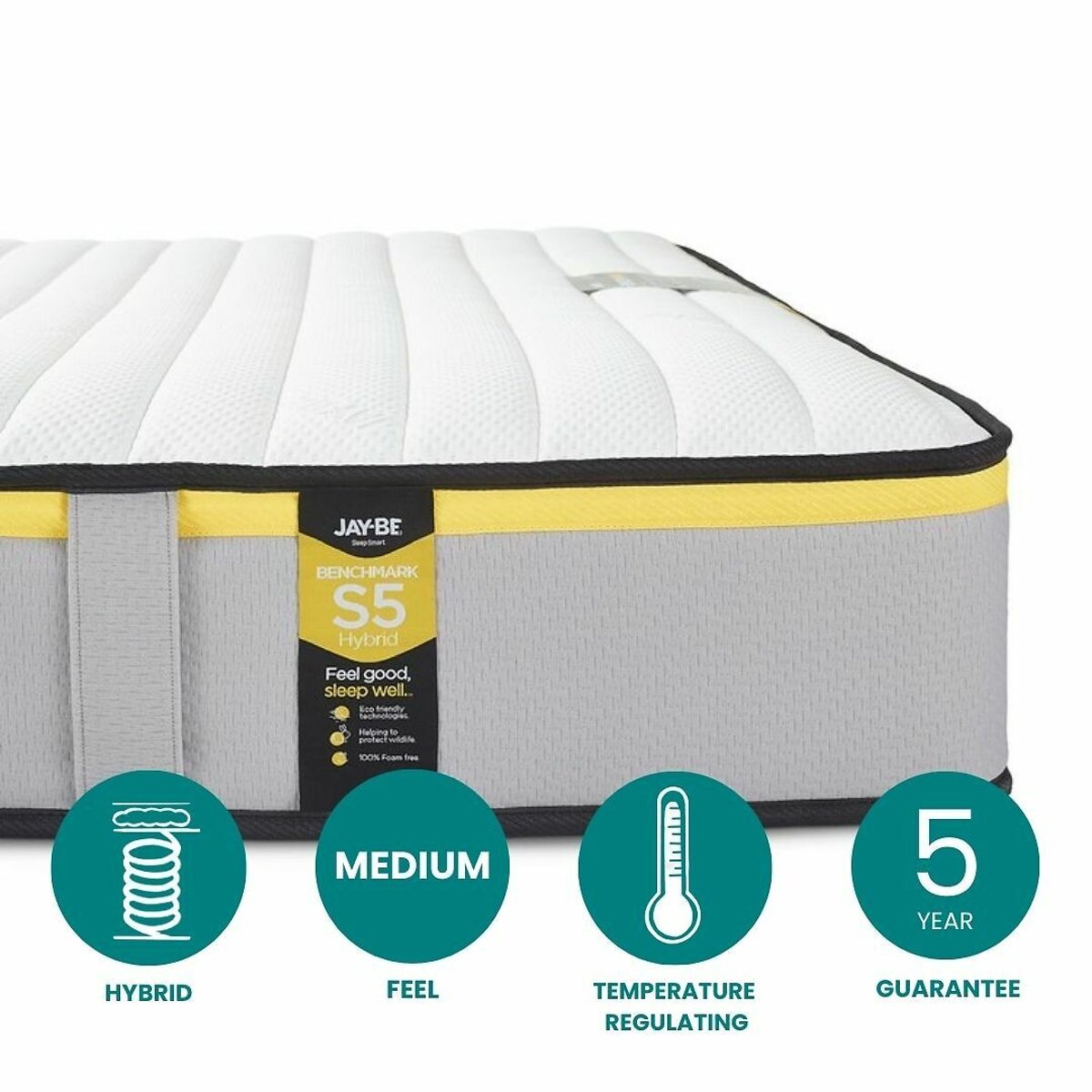 Jay-Be® Benchmark S5 Hybrid e-Sprung™ Eco-Friendly Mattress grey/yellow, JAY-BE