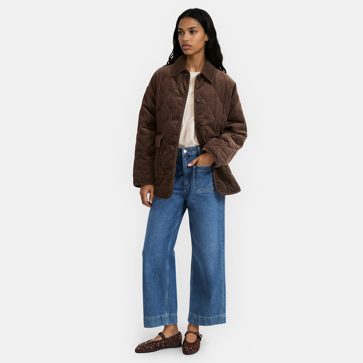 Veste matelassée en velours côtelé, col chemise marron, LA REDOUTE COLLECTIONS