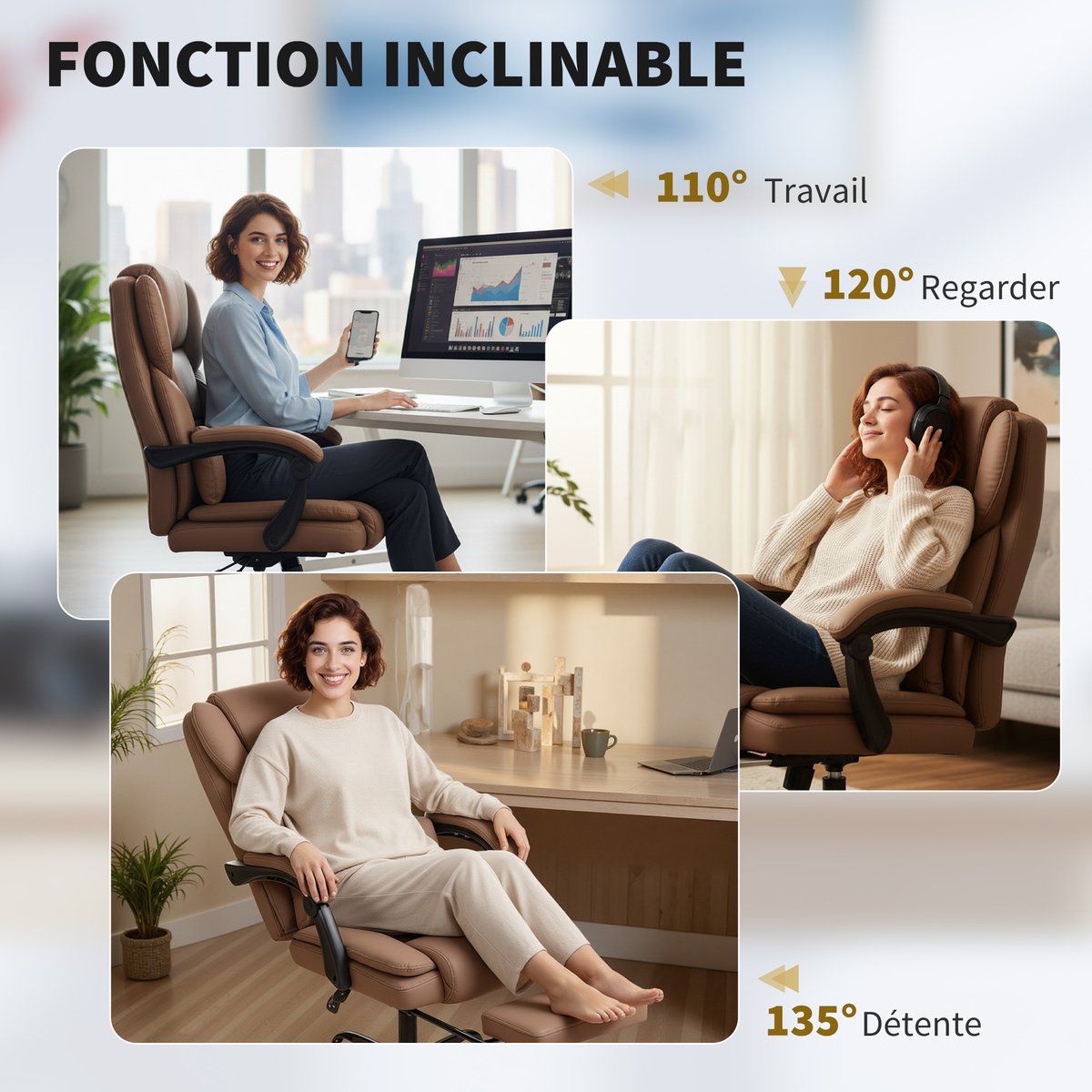 Chaise de bureau Cuir synthétique Marron marron, HOMCOM