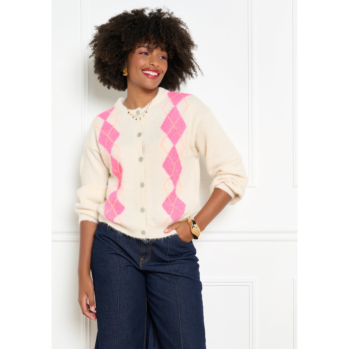 Cardigan jacquard à losanges lt beige, LOLALIZA
