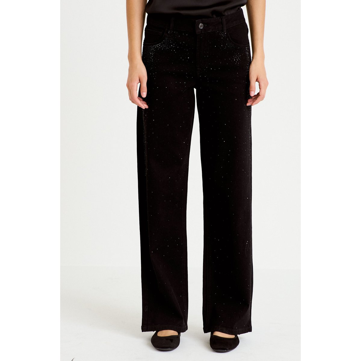 Jean wide leg taille basse strass noir, CACHE CACHE