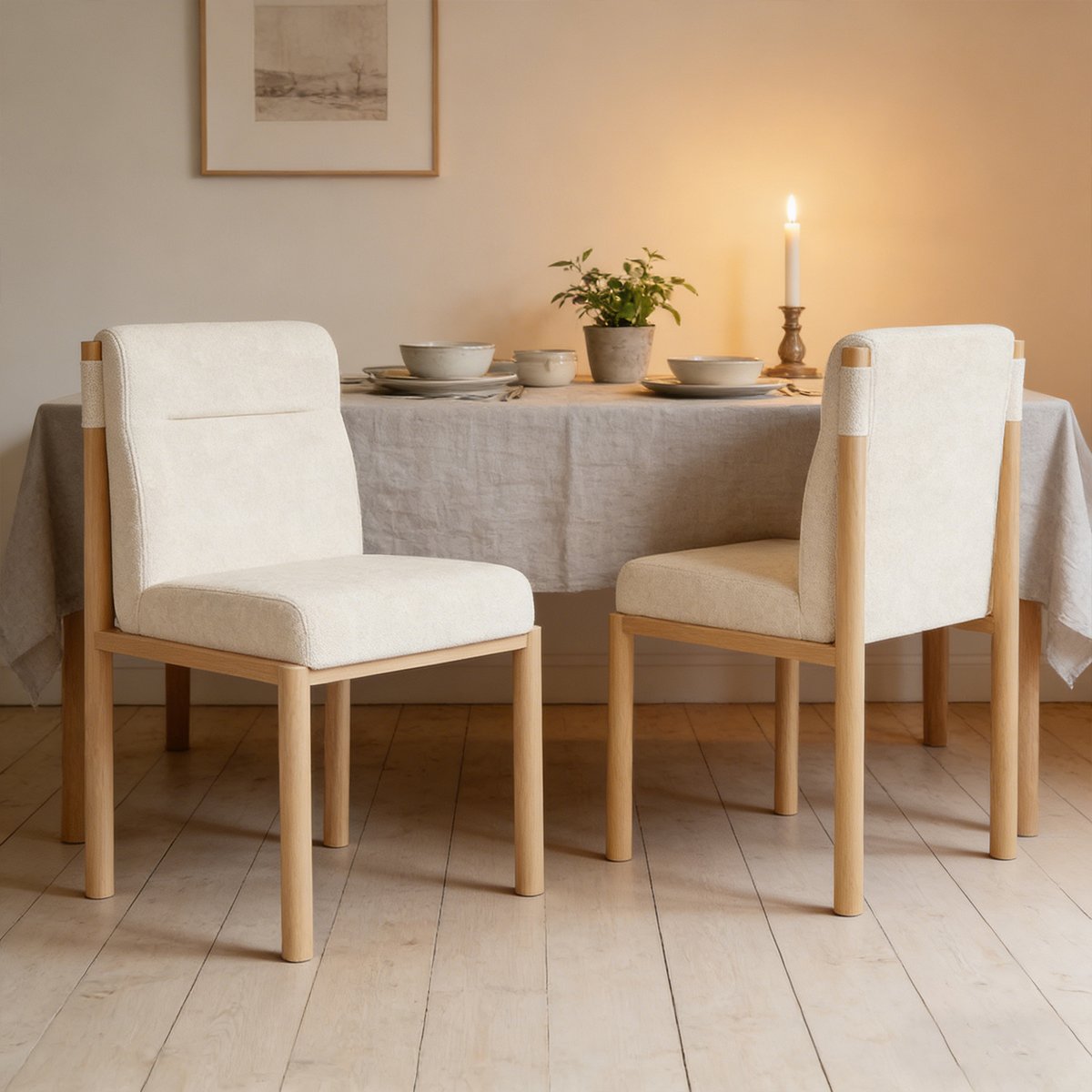 Lot de 2 chaises de salle à manger en bouclette avec pieds métal, DUORAU beige, MEUBLES COSY