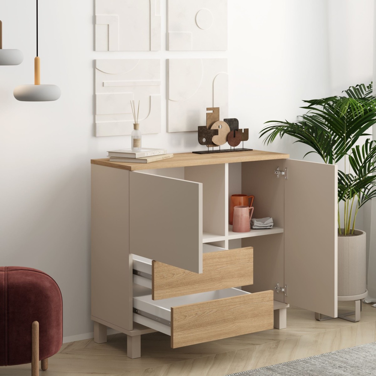 Buffet 2 portes, 2 tiroirs décor KORA beige, CALICOSY