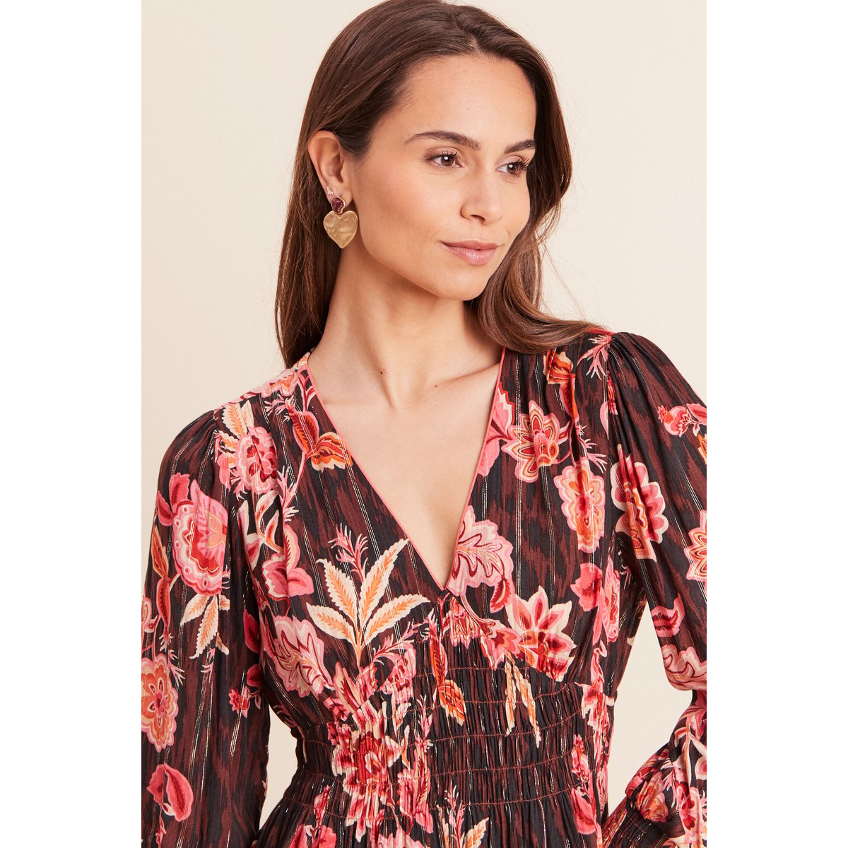 Robe courte évasée col v manches longues marron, BREAL