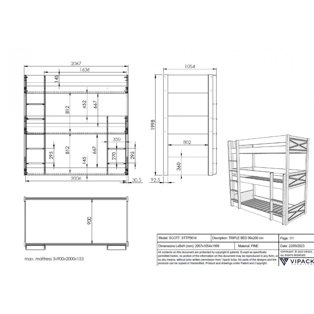 Lit triple SCOTT 90x200 CM - Blanc couleur unique, VIPACK